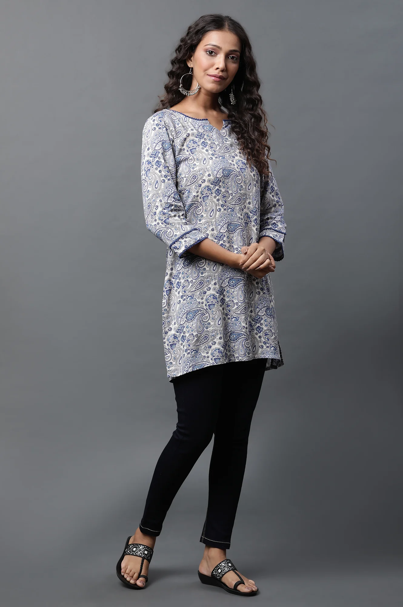 White Short Kurti with Blue Paisley Print - Image 5