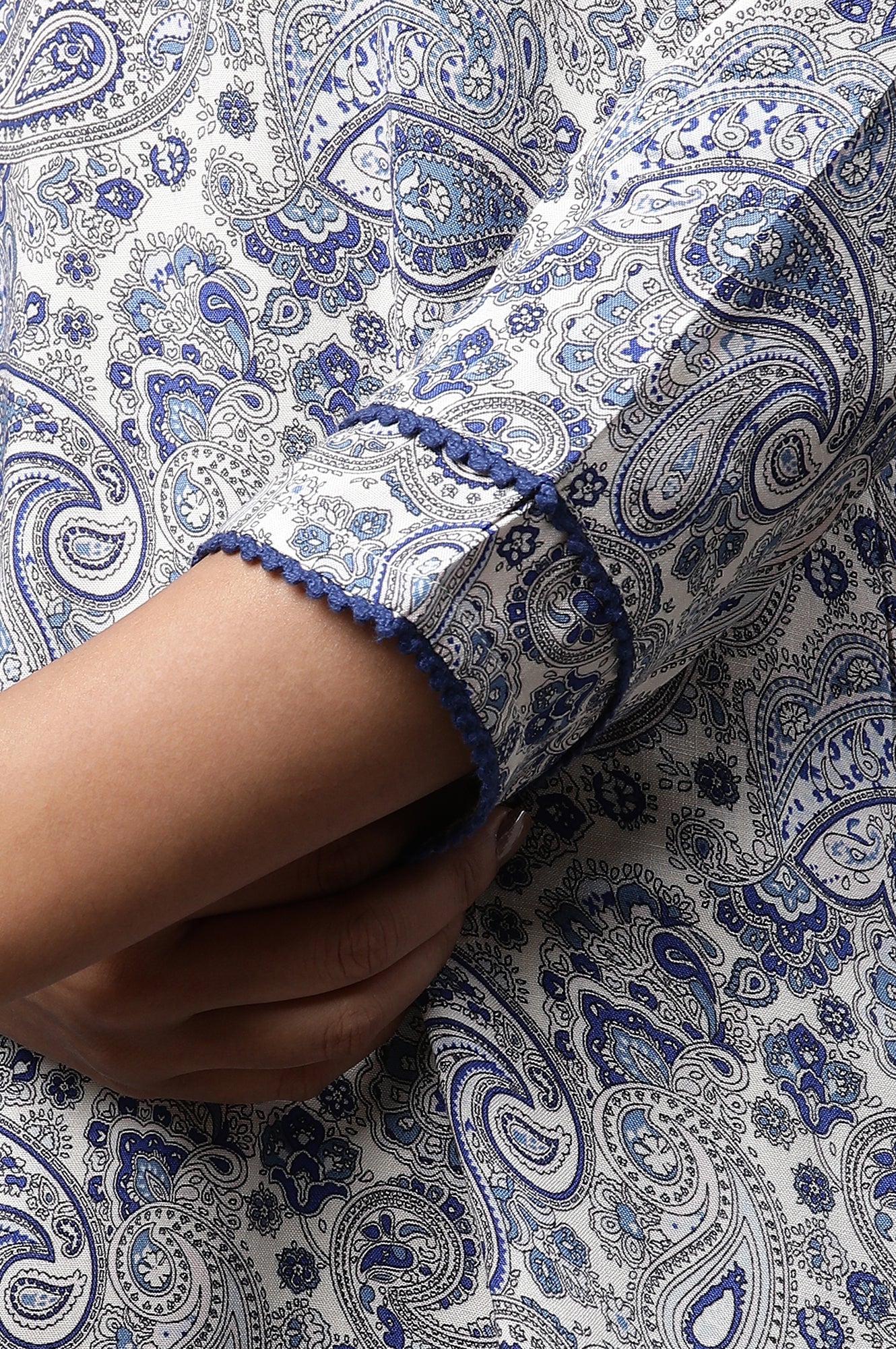 White Short Kurti with Blue Paisley Print - Image 7
