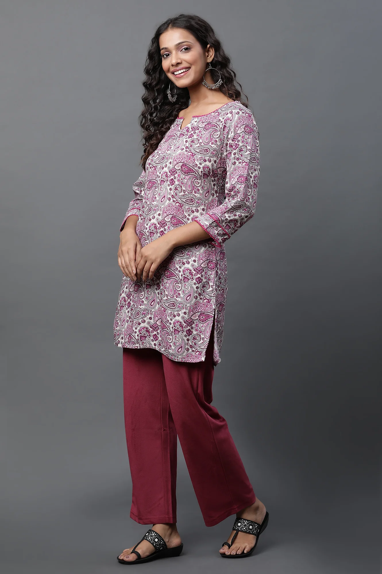 White Short Kurti with Purple Paisley Print - Image 3