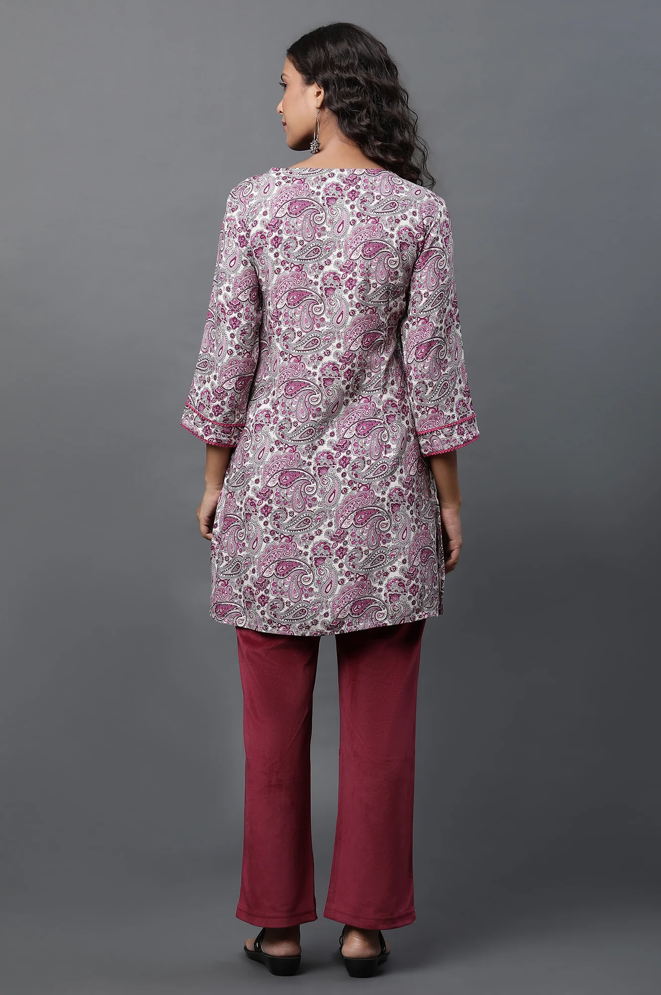 White Short Kurti with Purple Paisley Print - Image 4