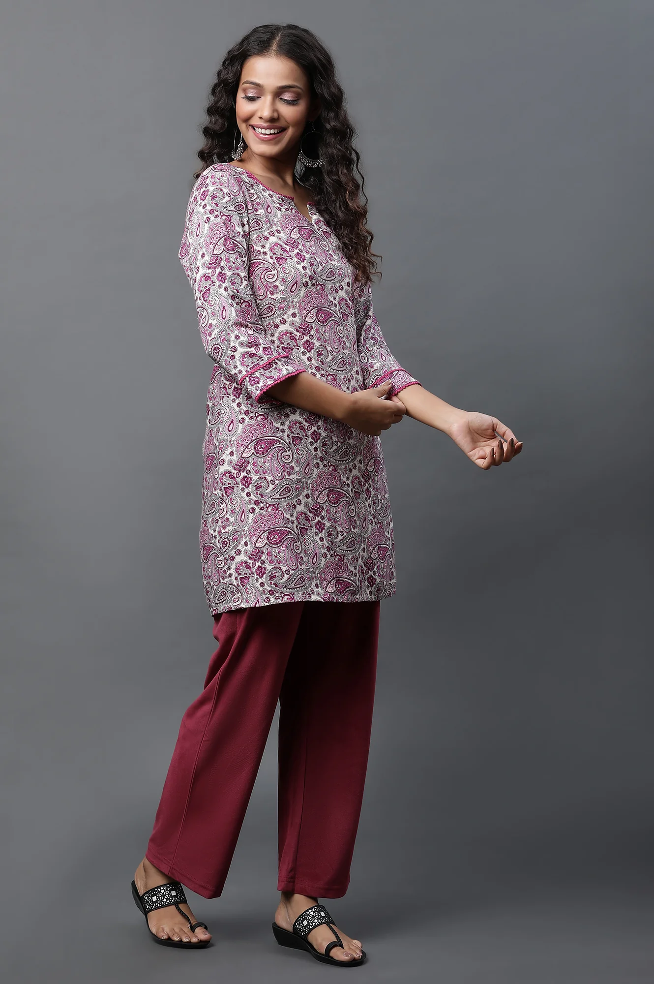 White Short Kurti with Purple Paisley Print - Image 5