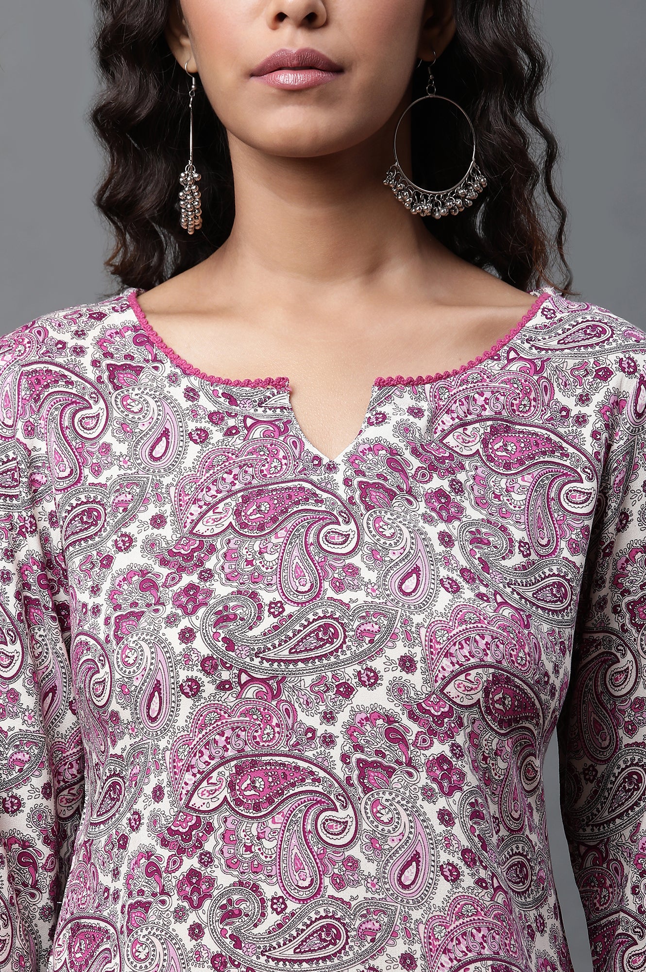 White Short Kurti with Purple Paisley Print - Image 6