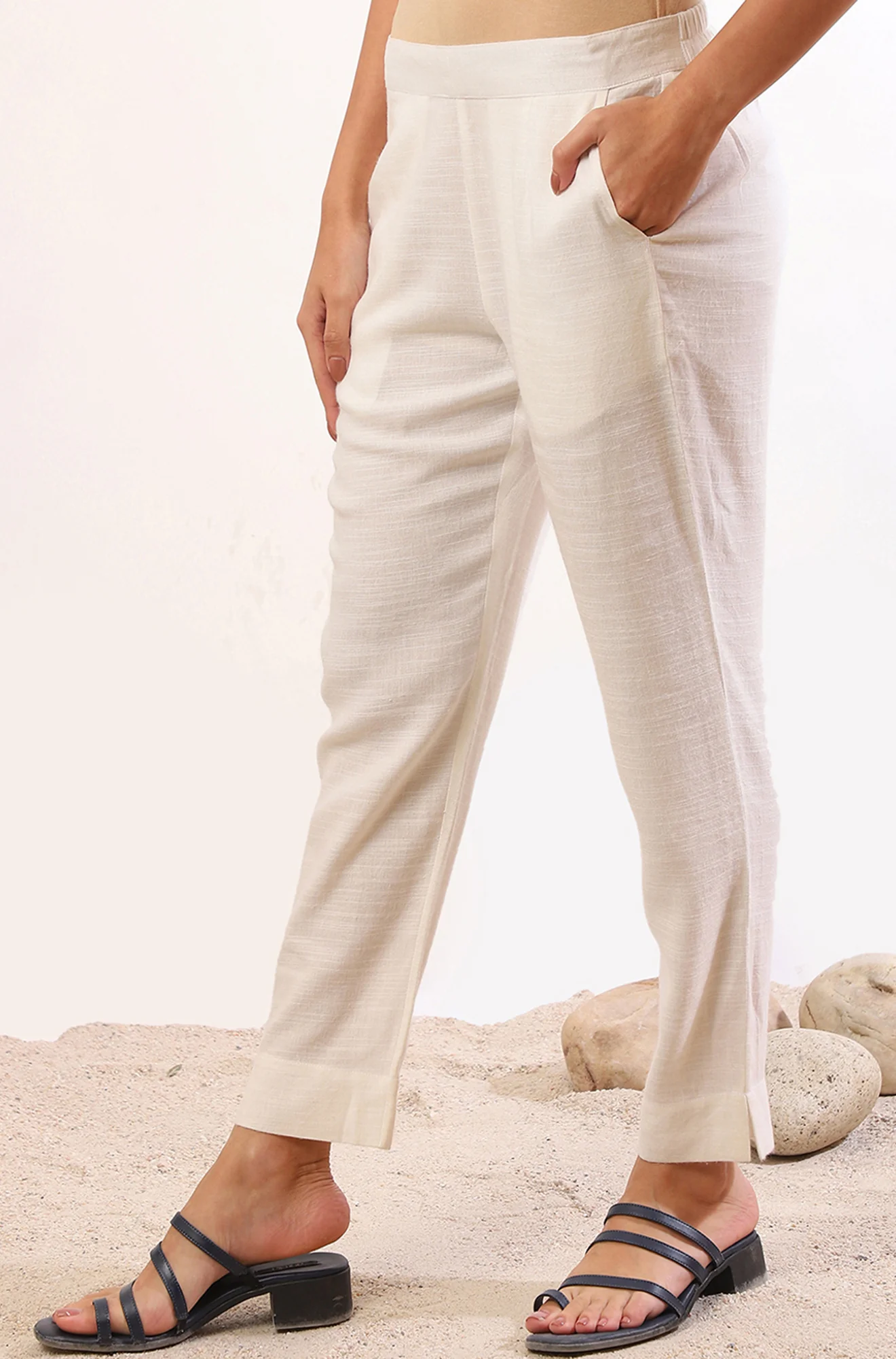 White Solid Straight Blend Trousers - Image 4