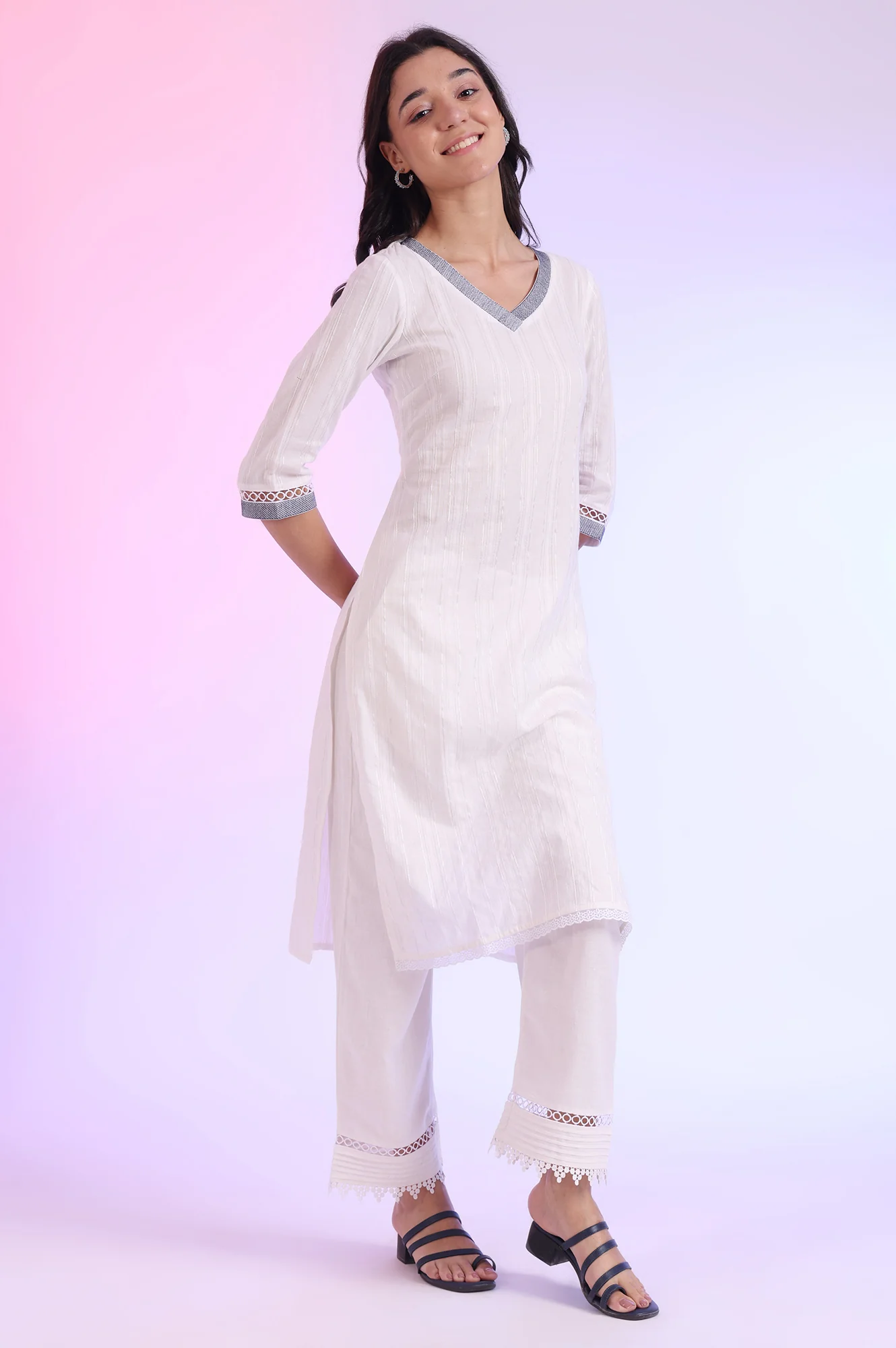 White Solid Straight Cotton Blend Kurta - Image 7