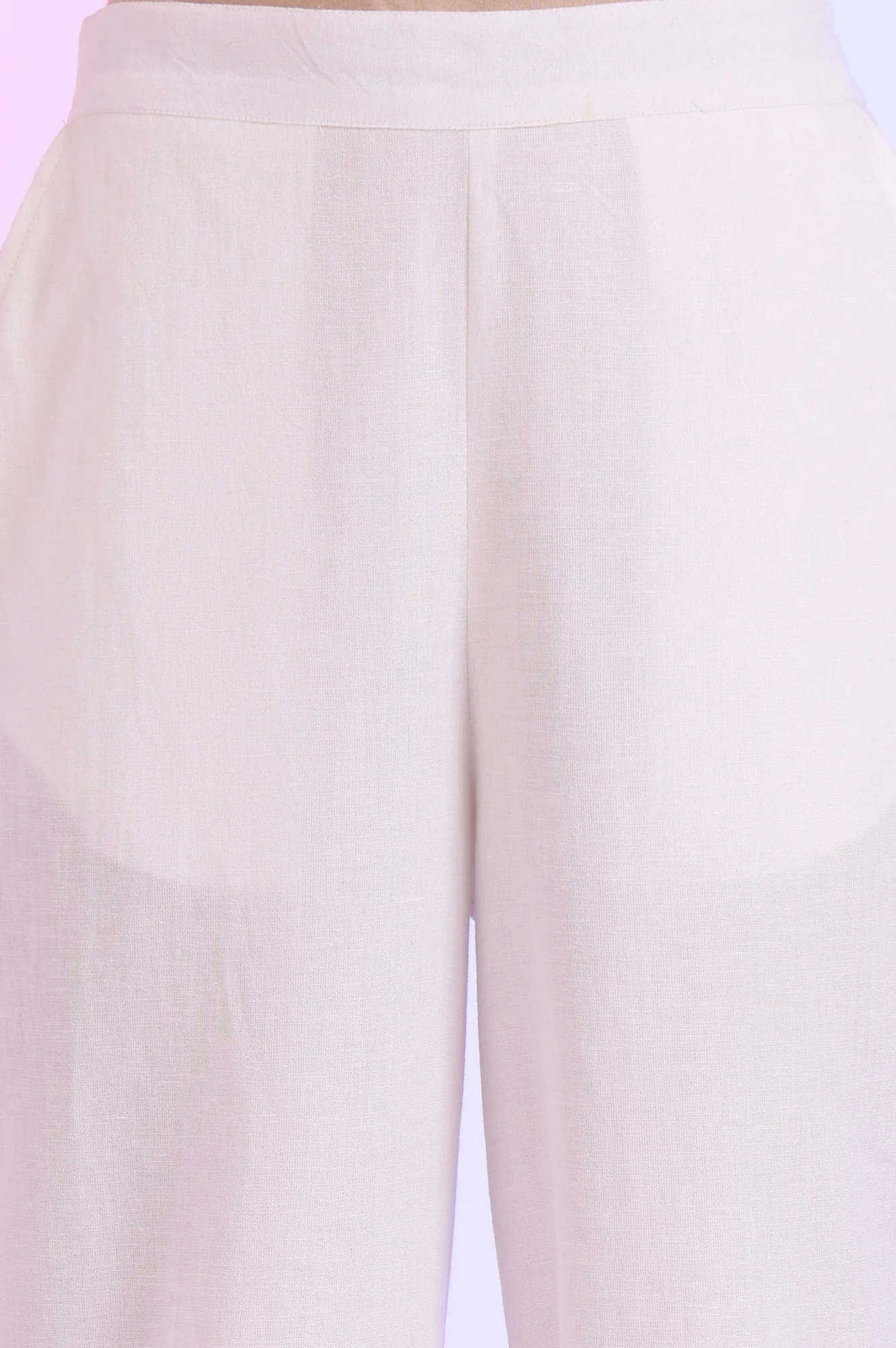 White Solid Straight Cotton Flax Palazzos - Image 3