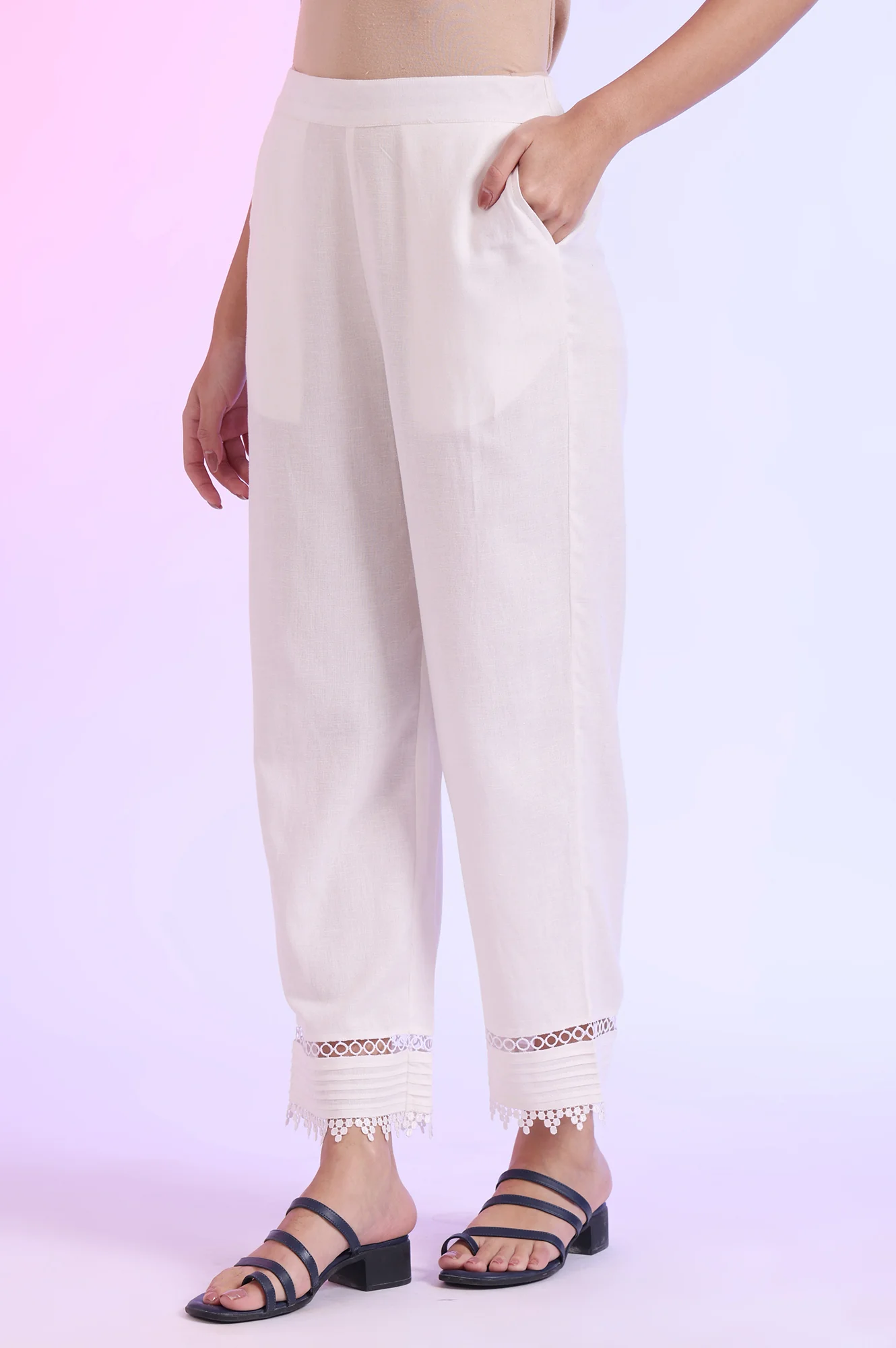 White Solid Straight Cotton Flax Palazzos - Image 4