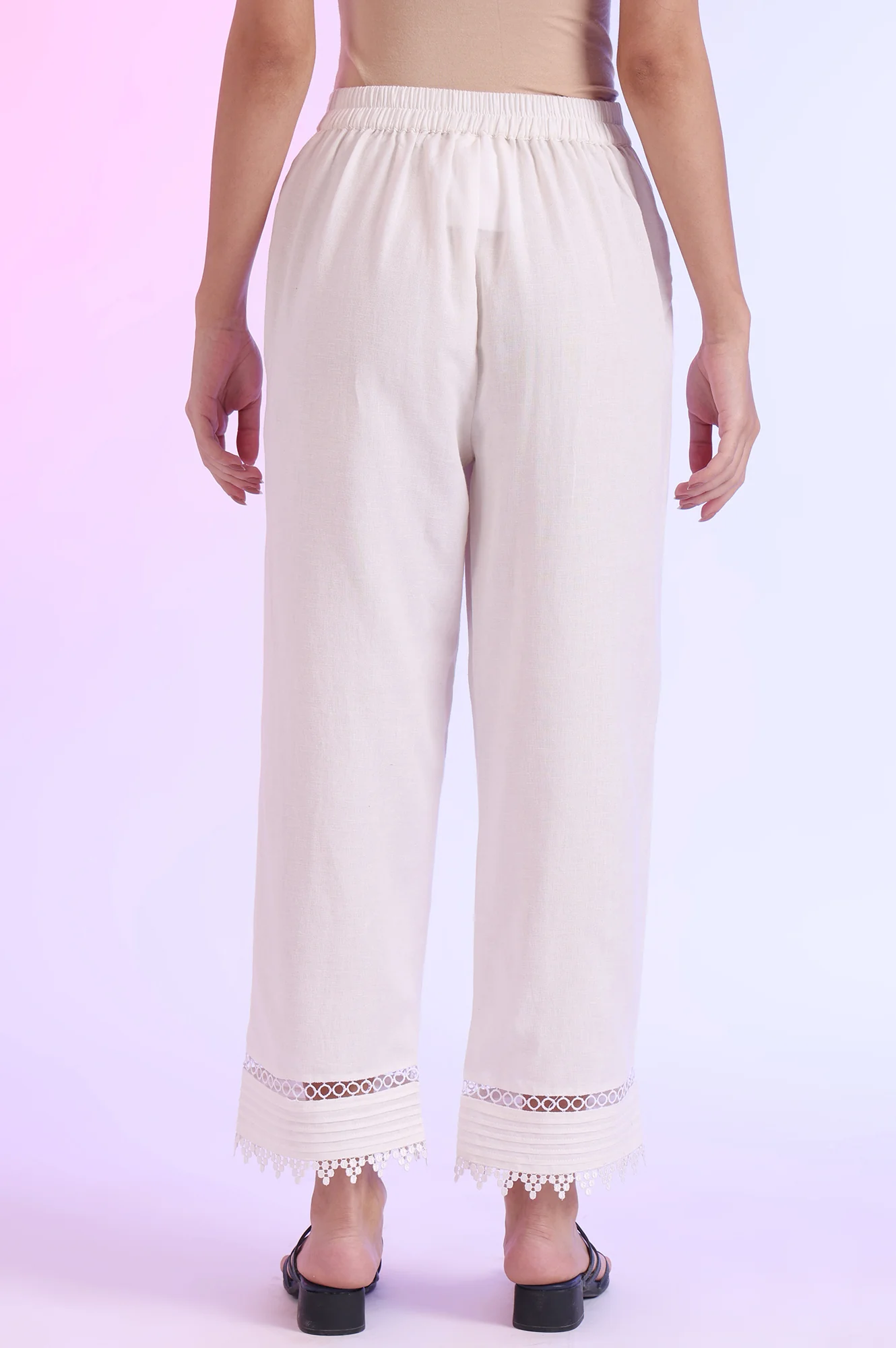White Solid Straight Cotton Flax Palazzos - Image 5