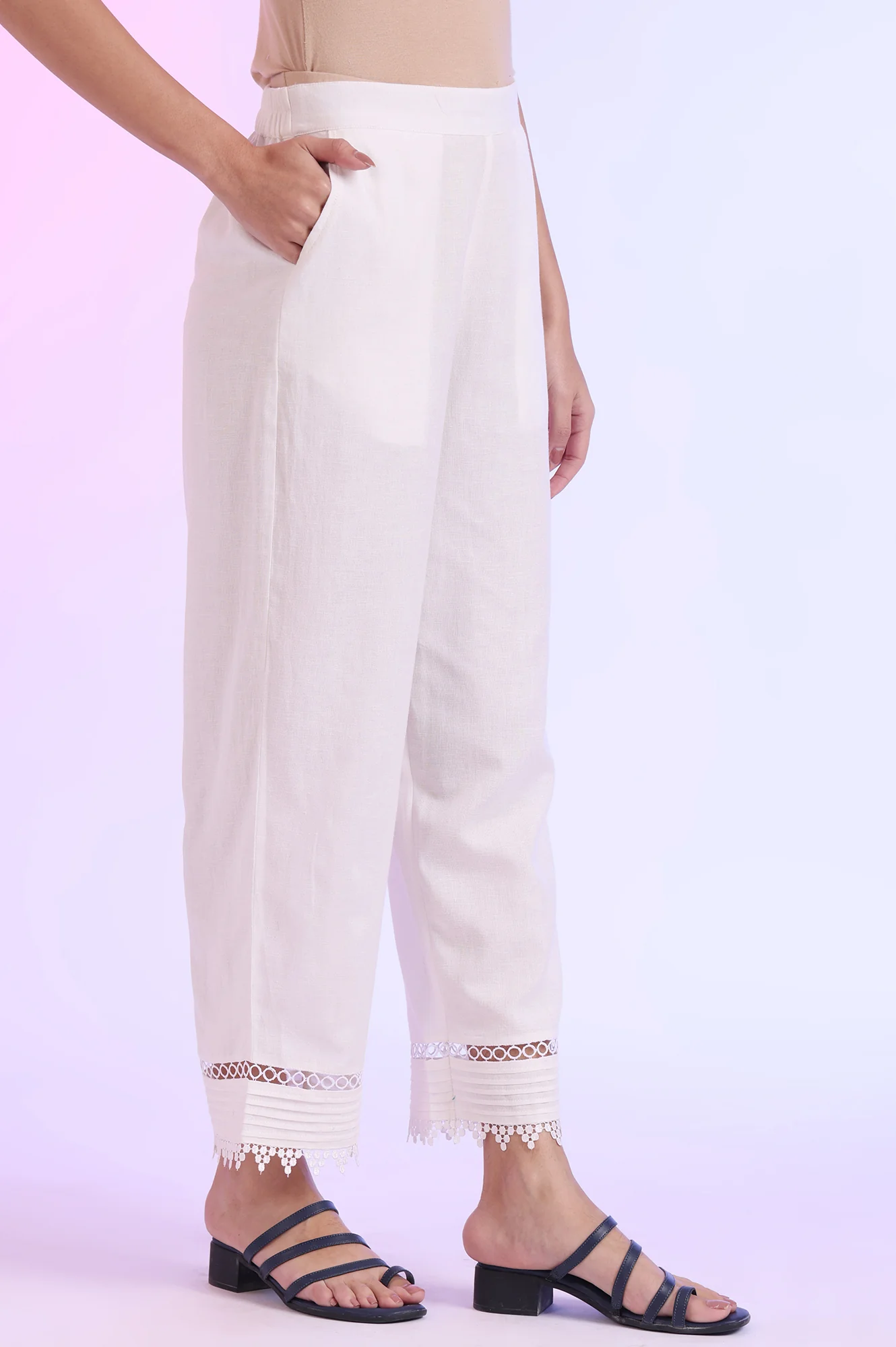 White Solid Straight Cotton Flax Palazzos - Image 6