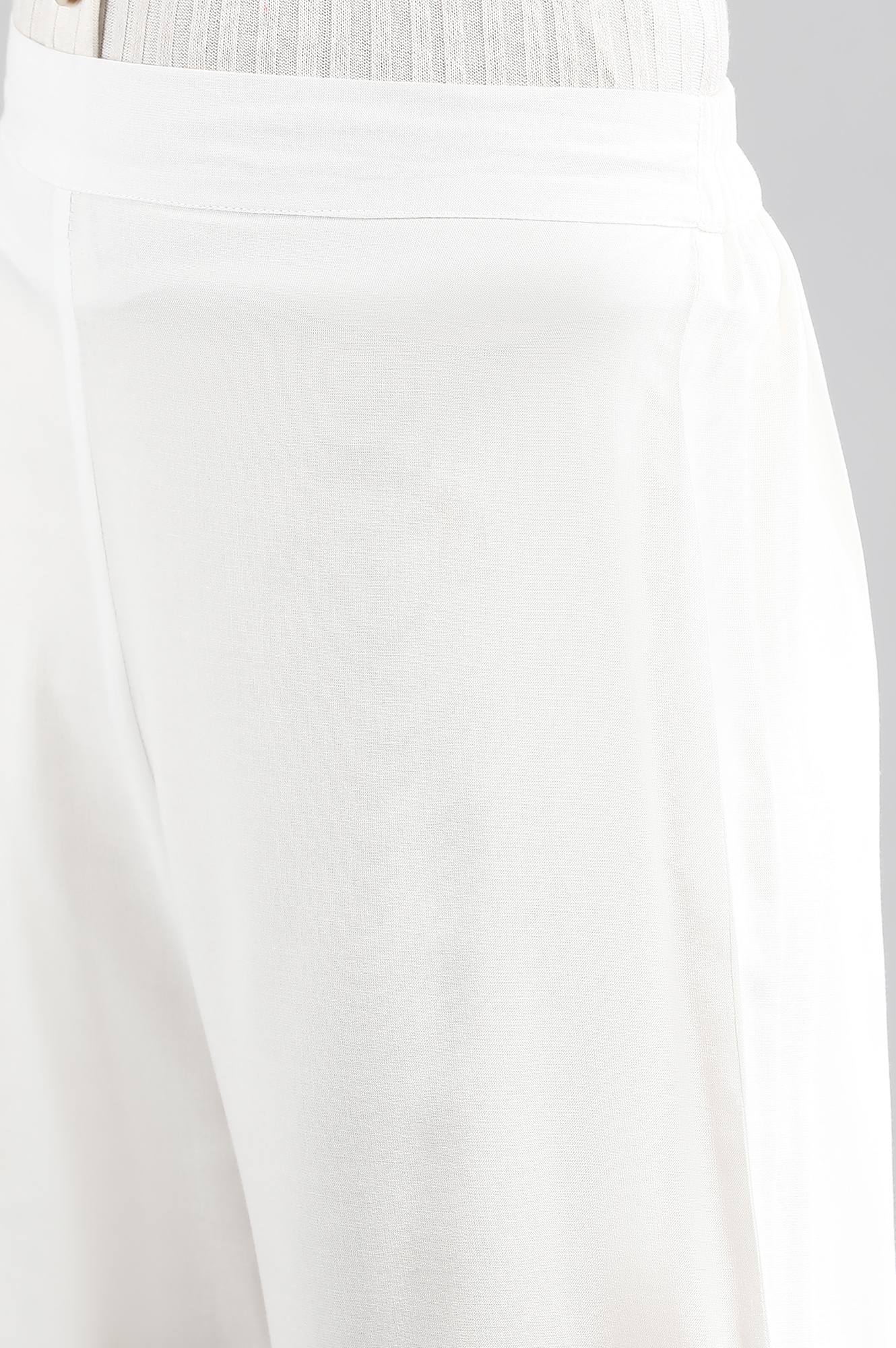 White Solid Flared Woven Palazzo With Elasticated Waistband - Image 6