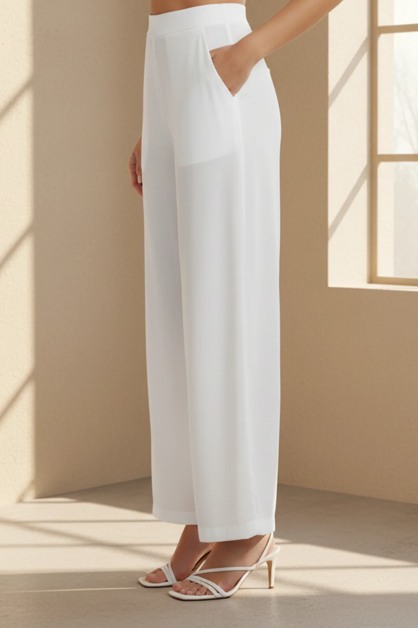 White Solid Wide Leg Ankle Length High Rise Palazzo - Image 2