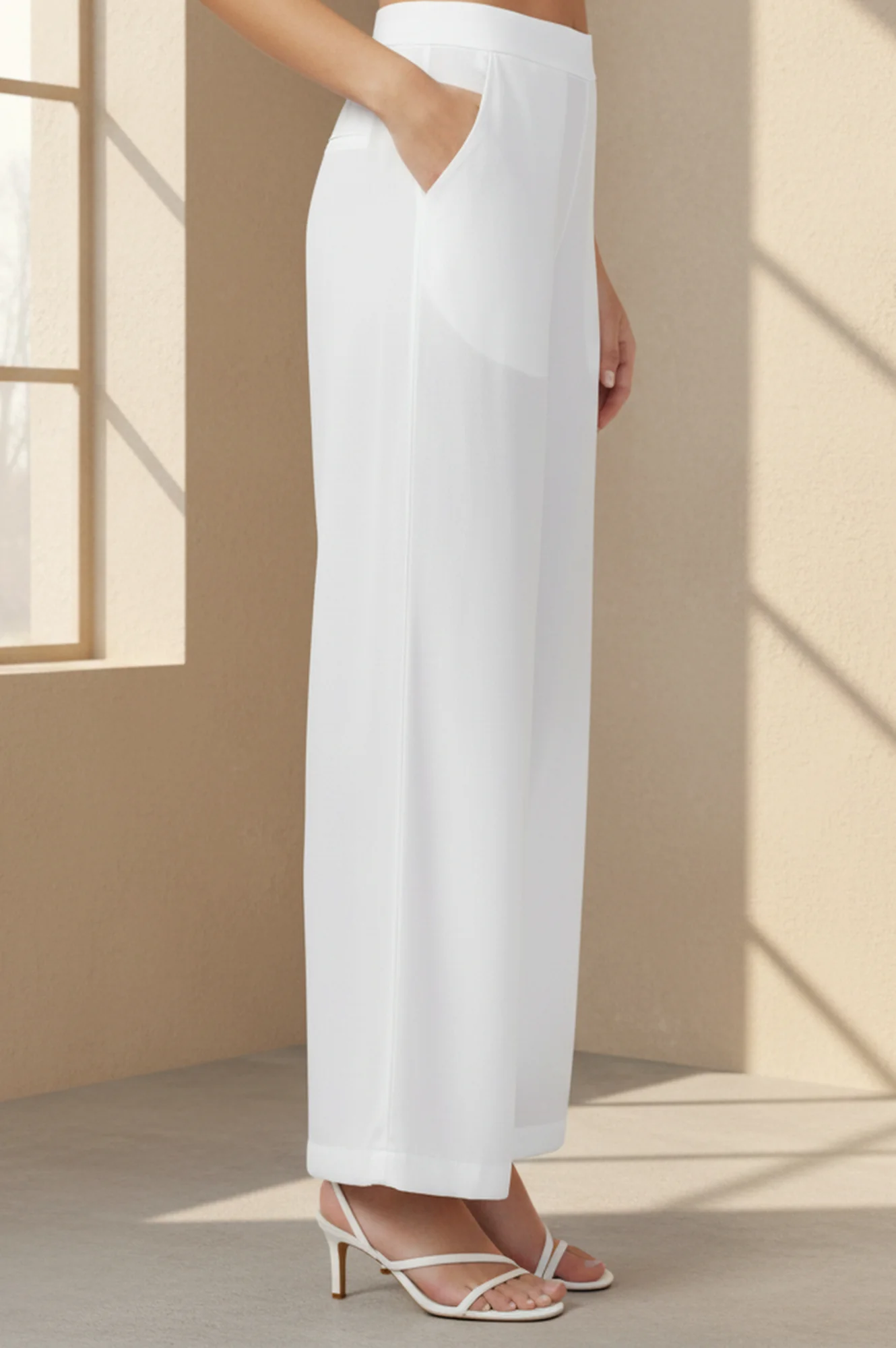 White Solid Wide Leg Ankle Length High Rise Palazzo - Image 4