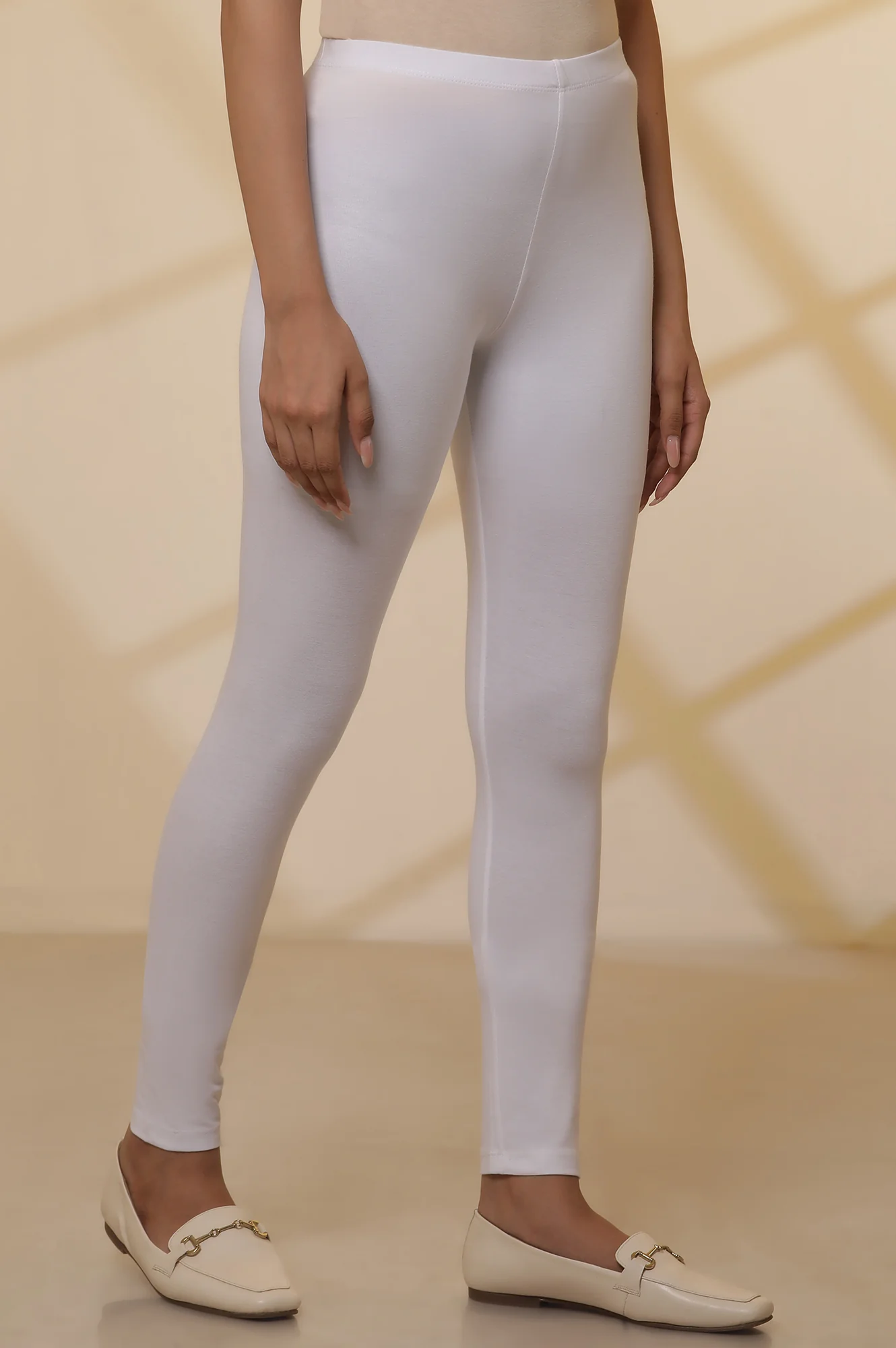 White Solid Plain Skinny Cotton Tights - Image 4
