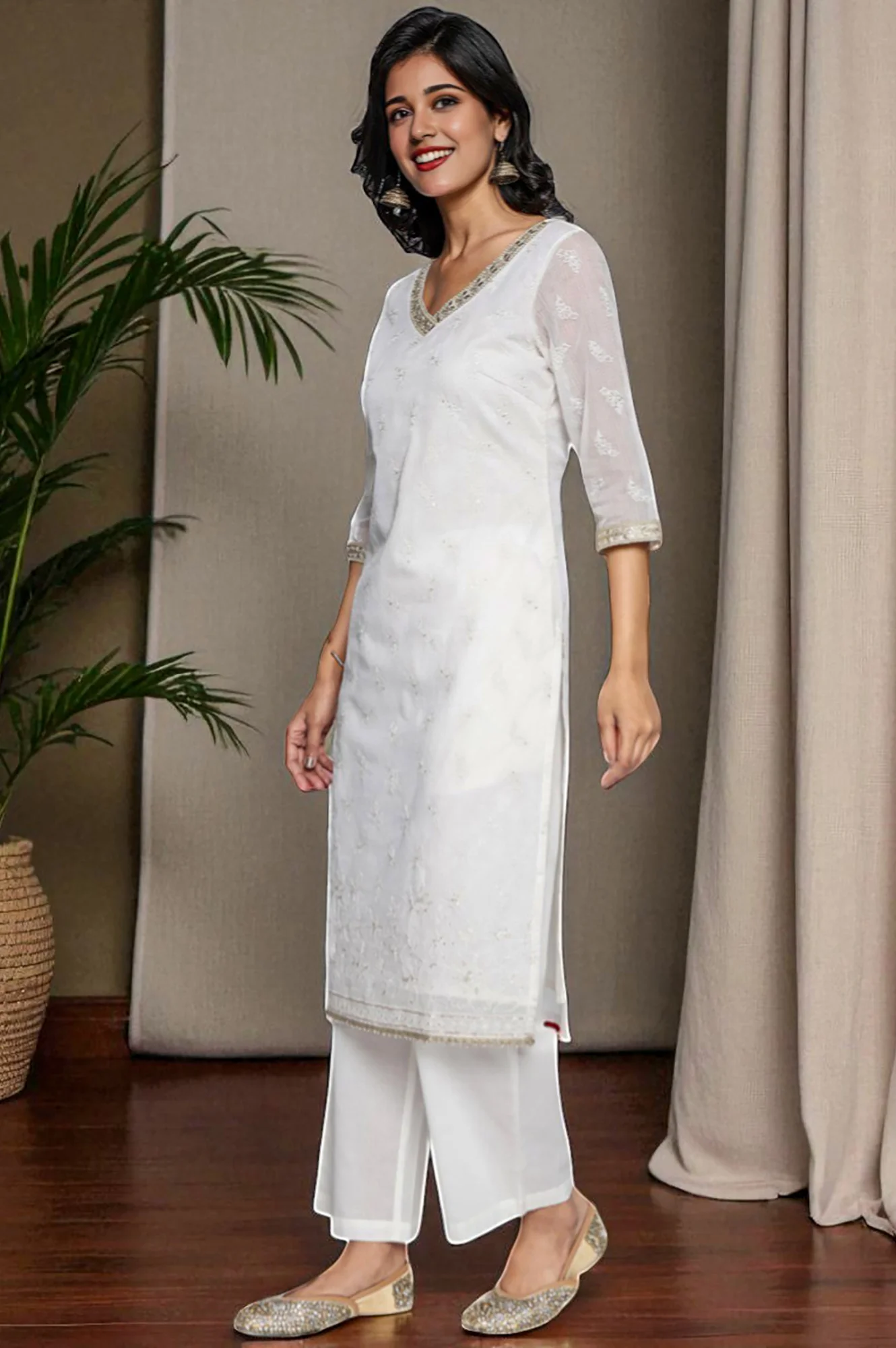 White Solid Printed Embroidered Cotton Nylon Straight Kurta, Palazzo and Dupatta Set - Image 3