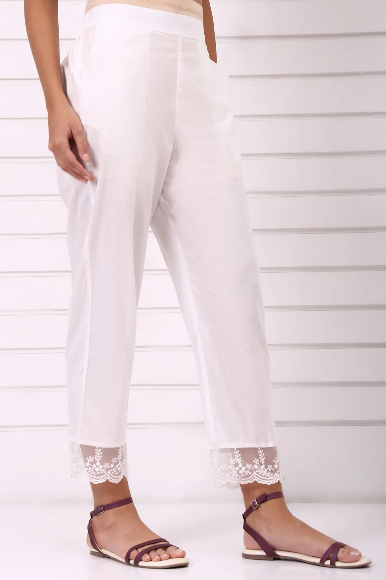 White Solid Pure Cotton Parallel Pant with Lace Hemline - Image 3