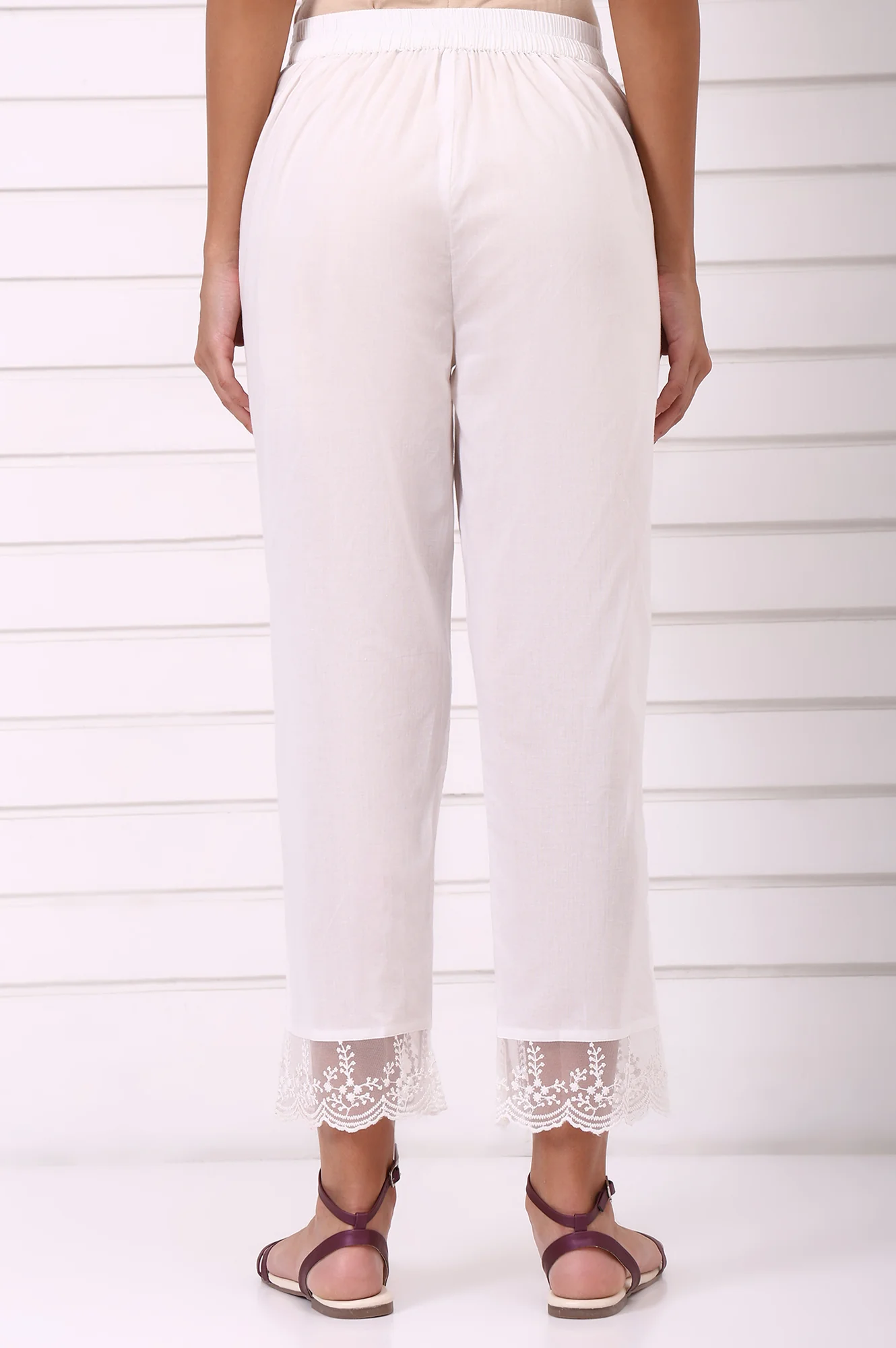 White Solid Pure Cotton Parallel Pant with Lace Hemline - Image 4