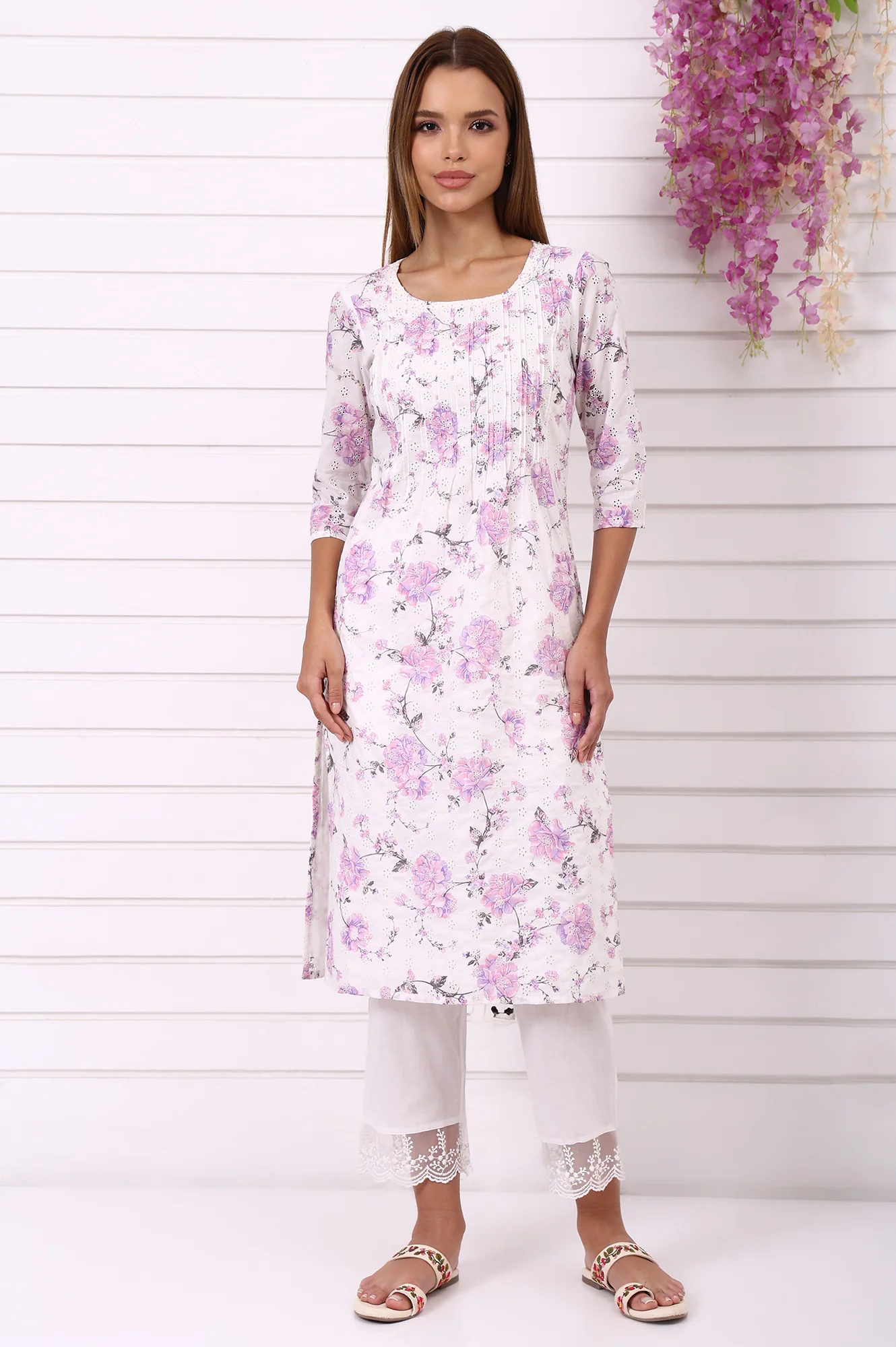 White Solid Pure Cotton Parallel Pant with Lace Hemline - Image 5