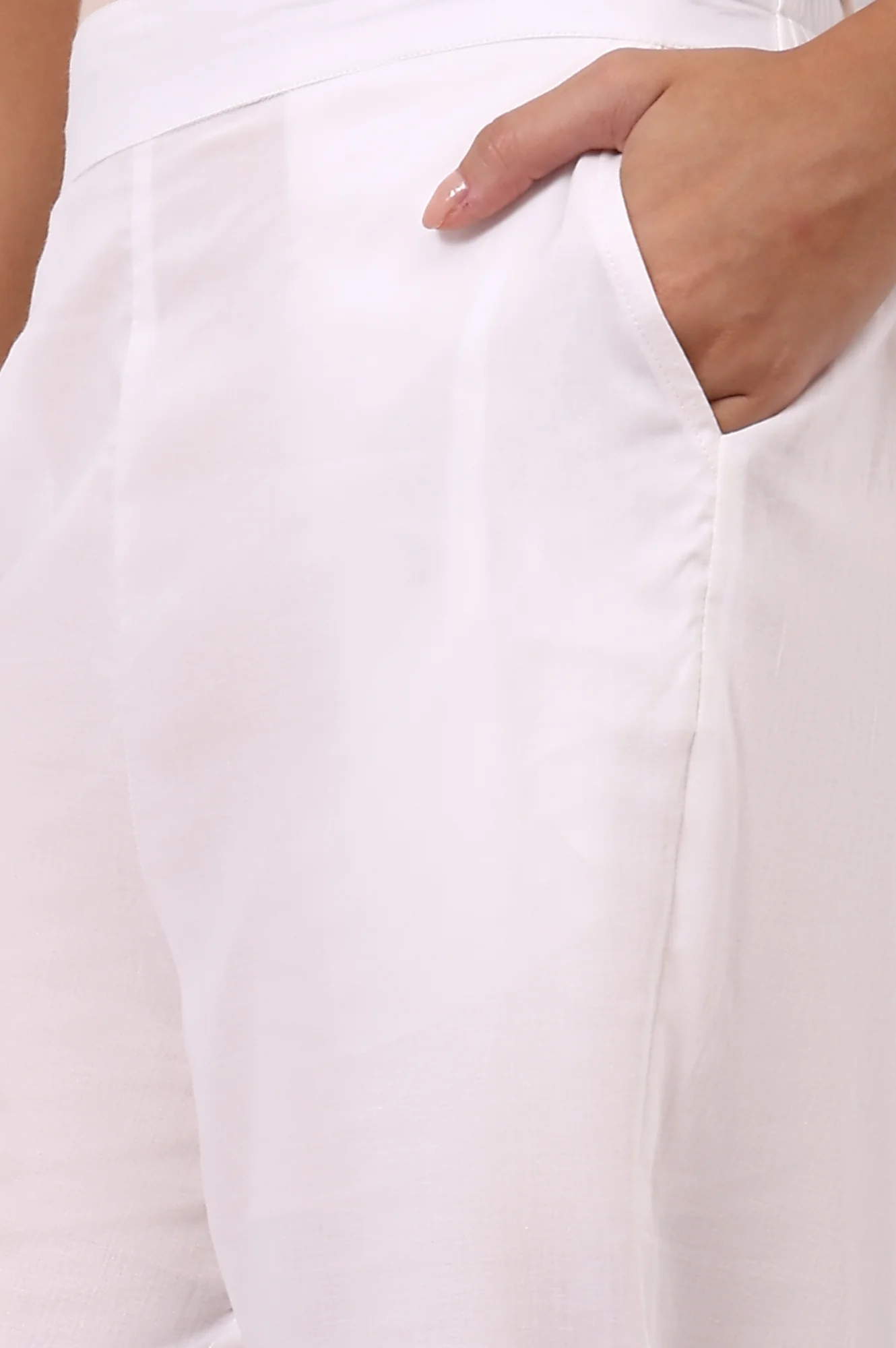 White Solid Pure Cotton Parallel Pant with Lace Hemline - Image 7
