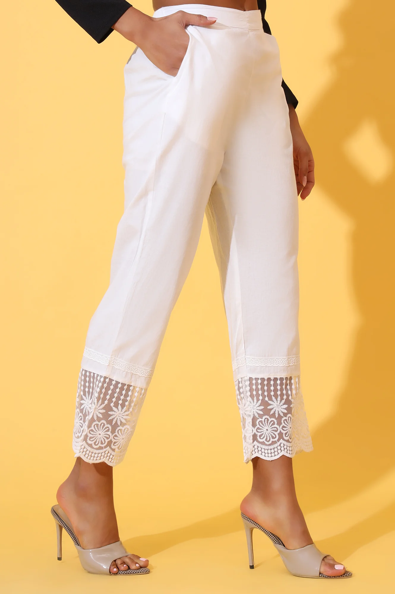 White Solid Pure Cotton Schiffli Embroidered Palazzo Pants - Image 5