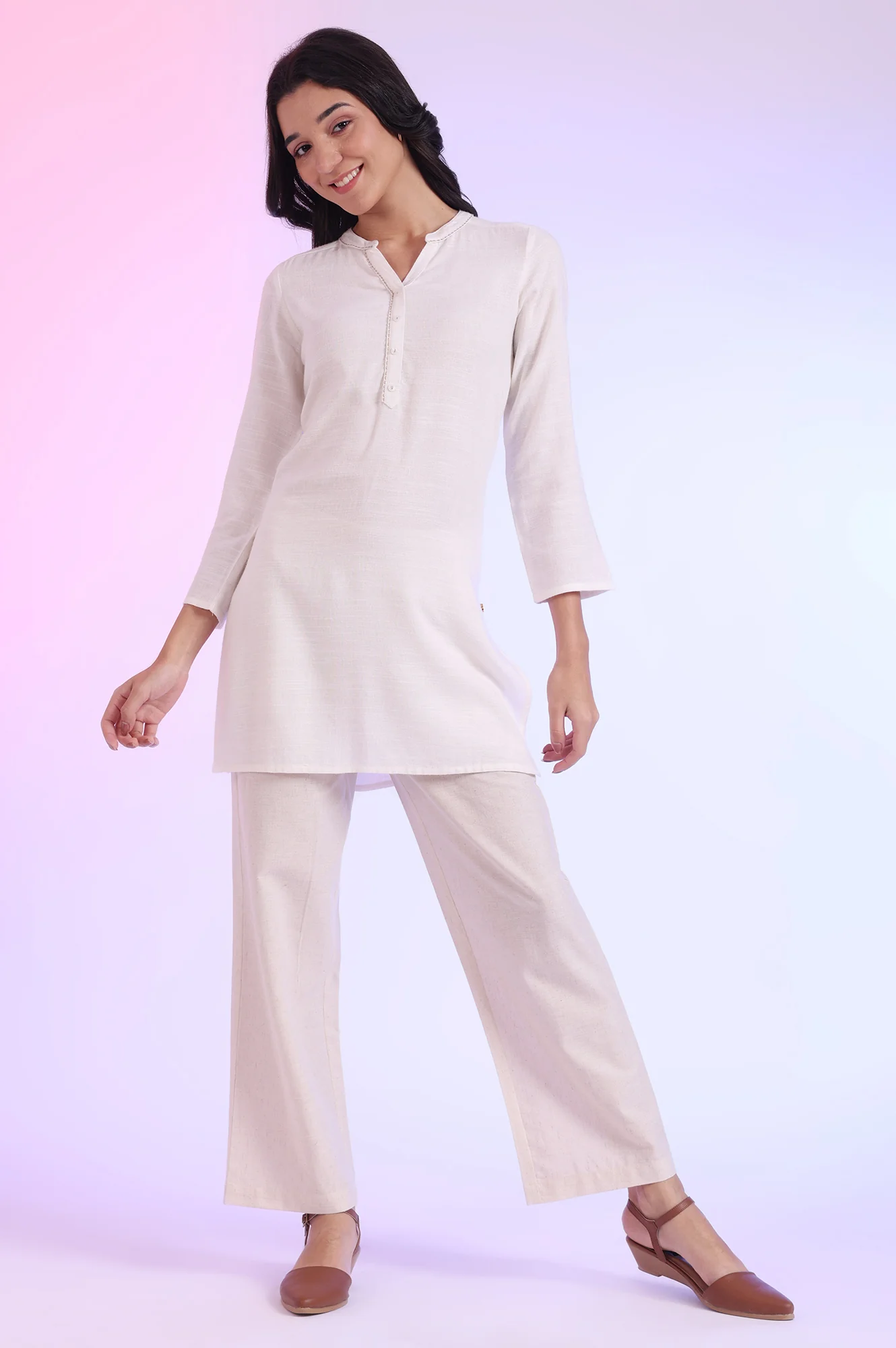 White Solid Straight Pure Cotton Kurti - Image 3