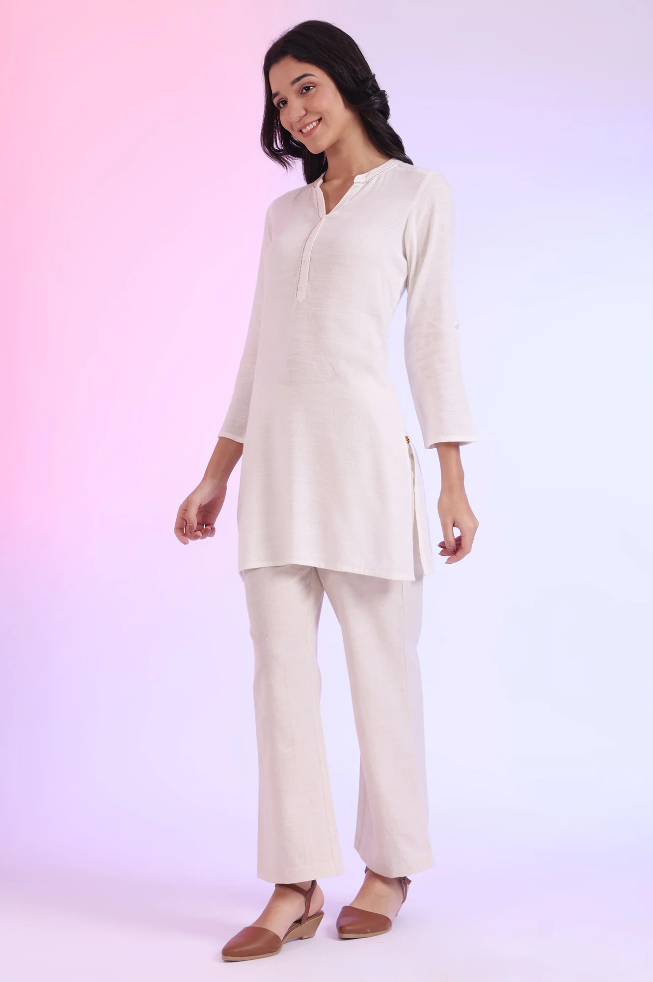 White Solid Straight Pure Cotton Kurti - Image 5