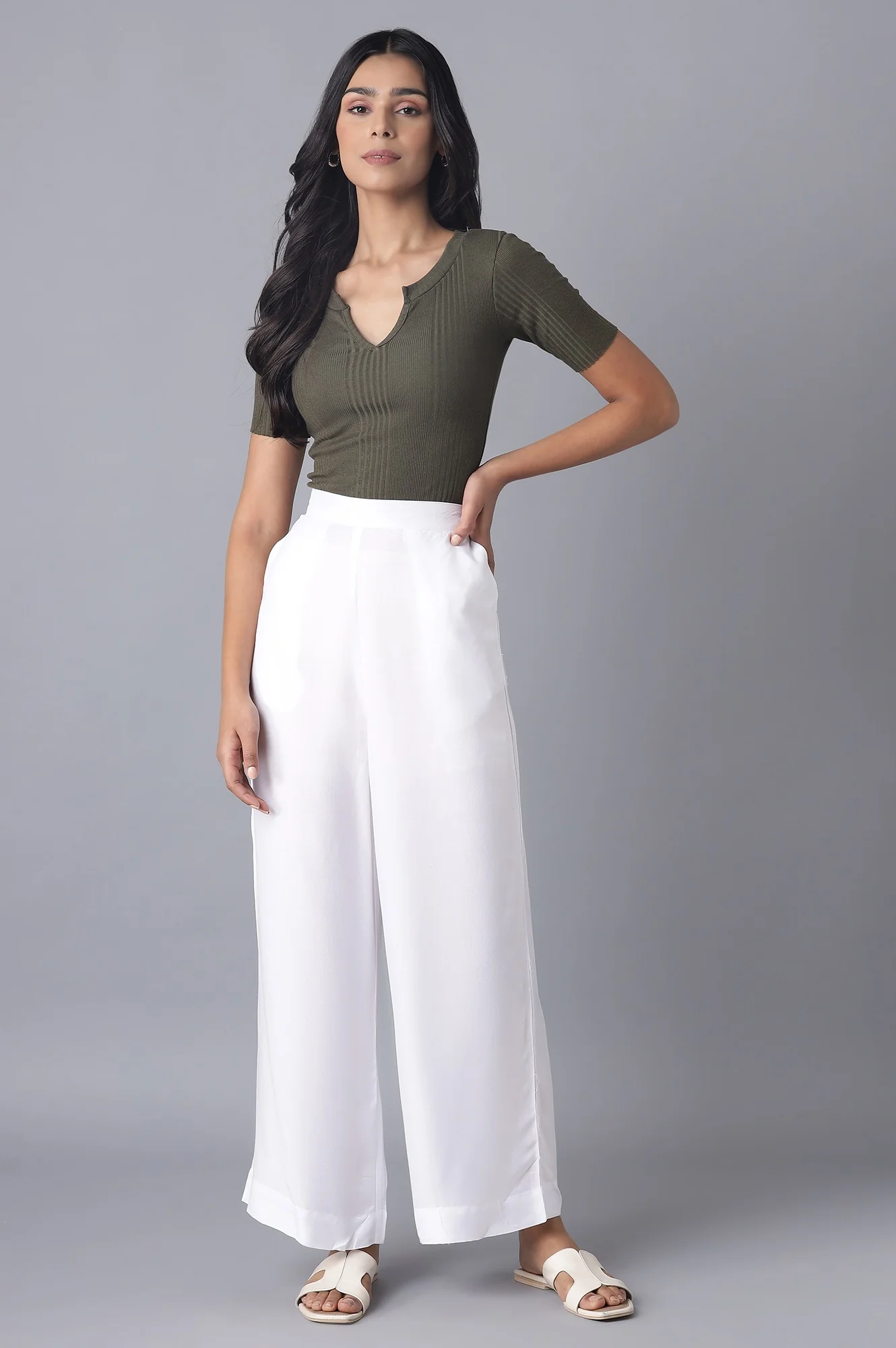 White Solid Relaxed Fit Ankle Length High Rise Palazzo - Image 5