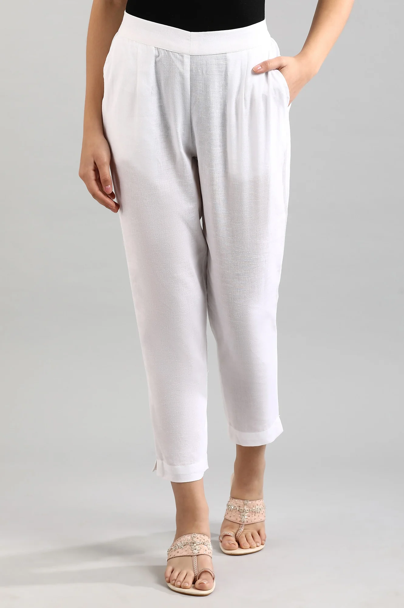 White Solid Women Cotton Flax Trousers - Image 3