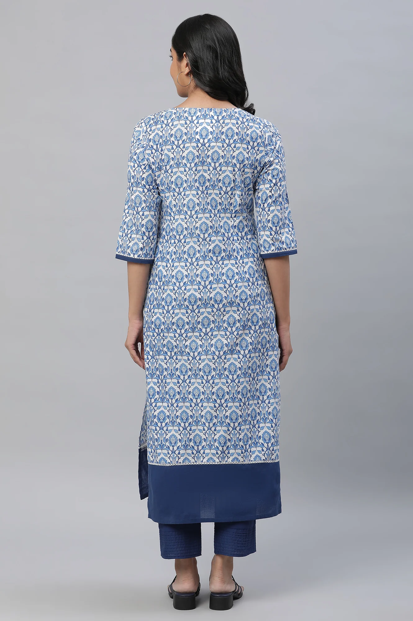White Straight Kurta in Indigo Floral Print - Image 5