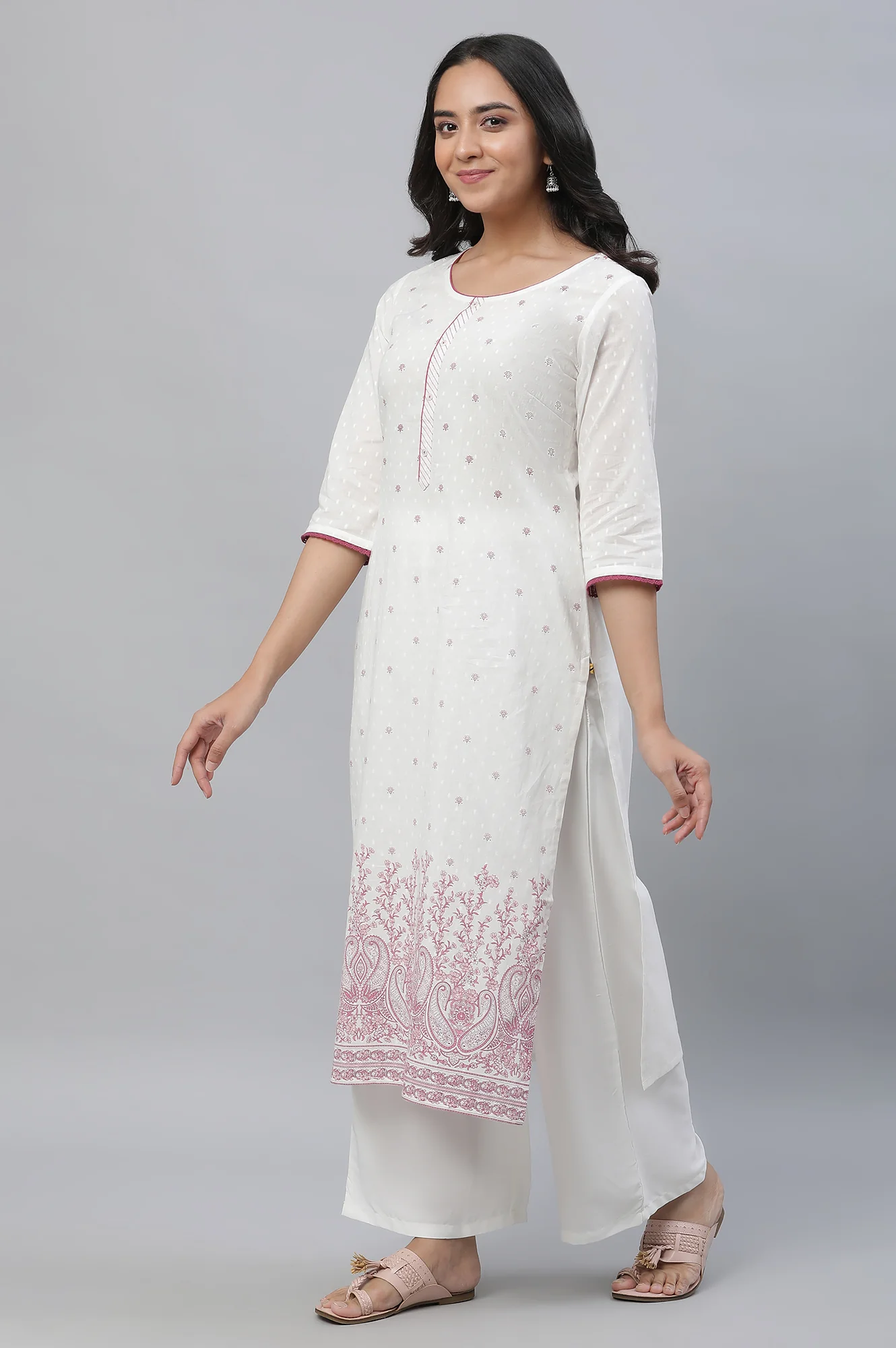 White Straight Kurta in Purple Floral Print - Image 2