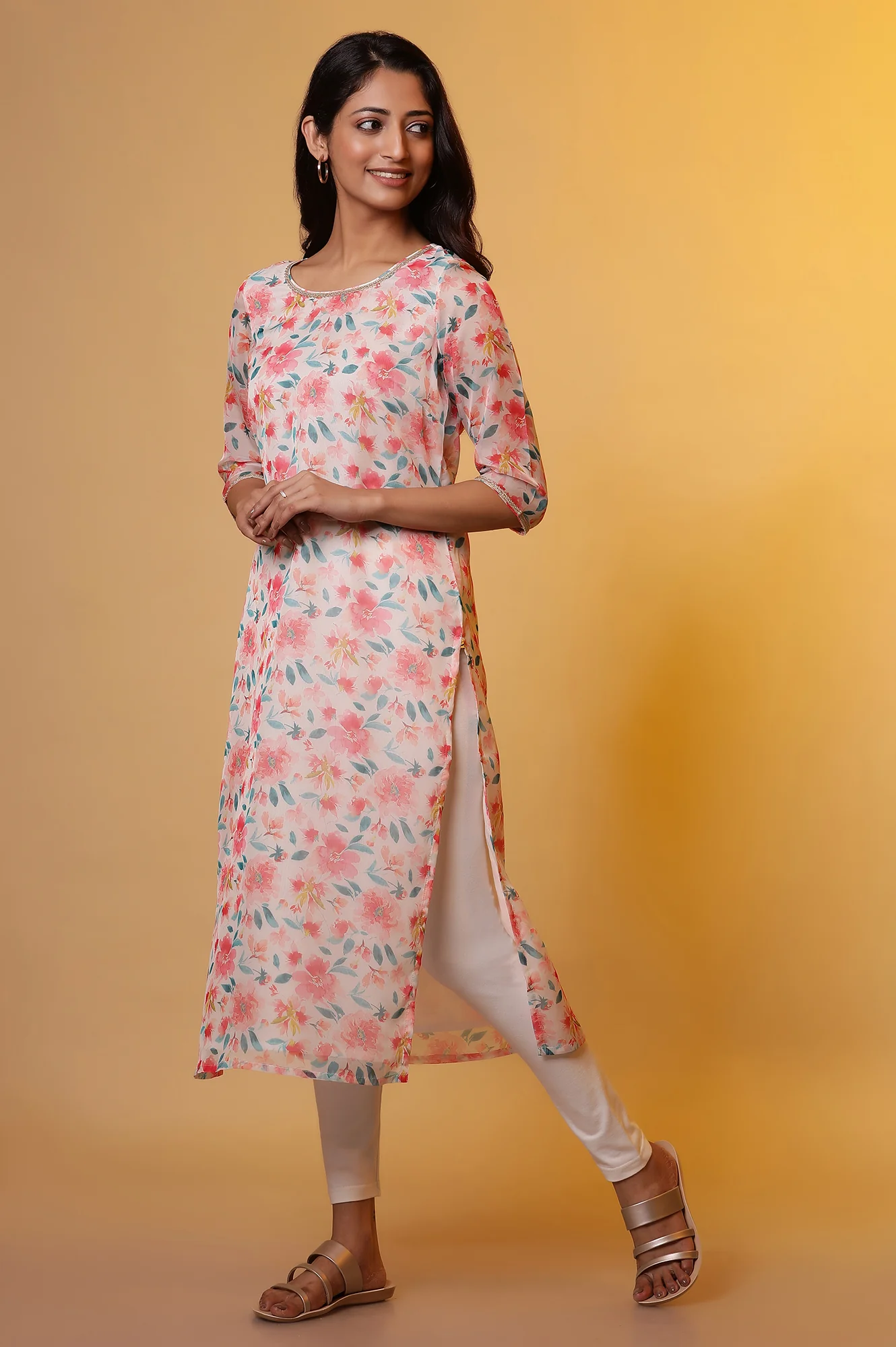 White Straight Organza Kurta with Pink Floral Print - Image 3