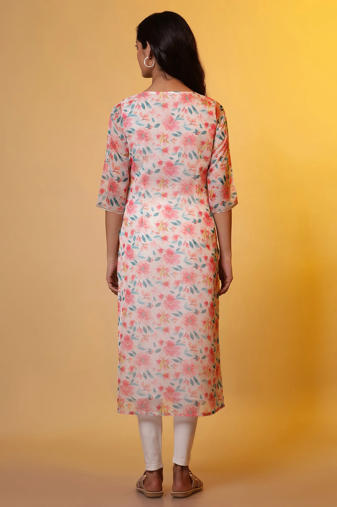 White Straight Organza Kurta with Pink Floral Print - Image 4