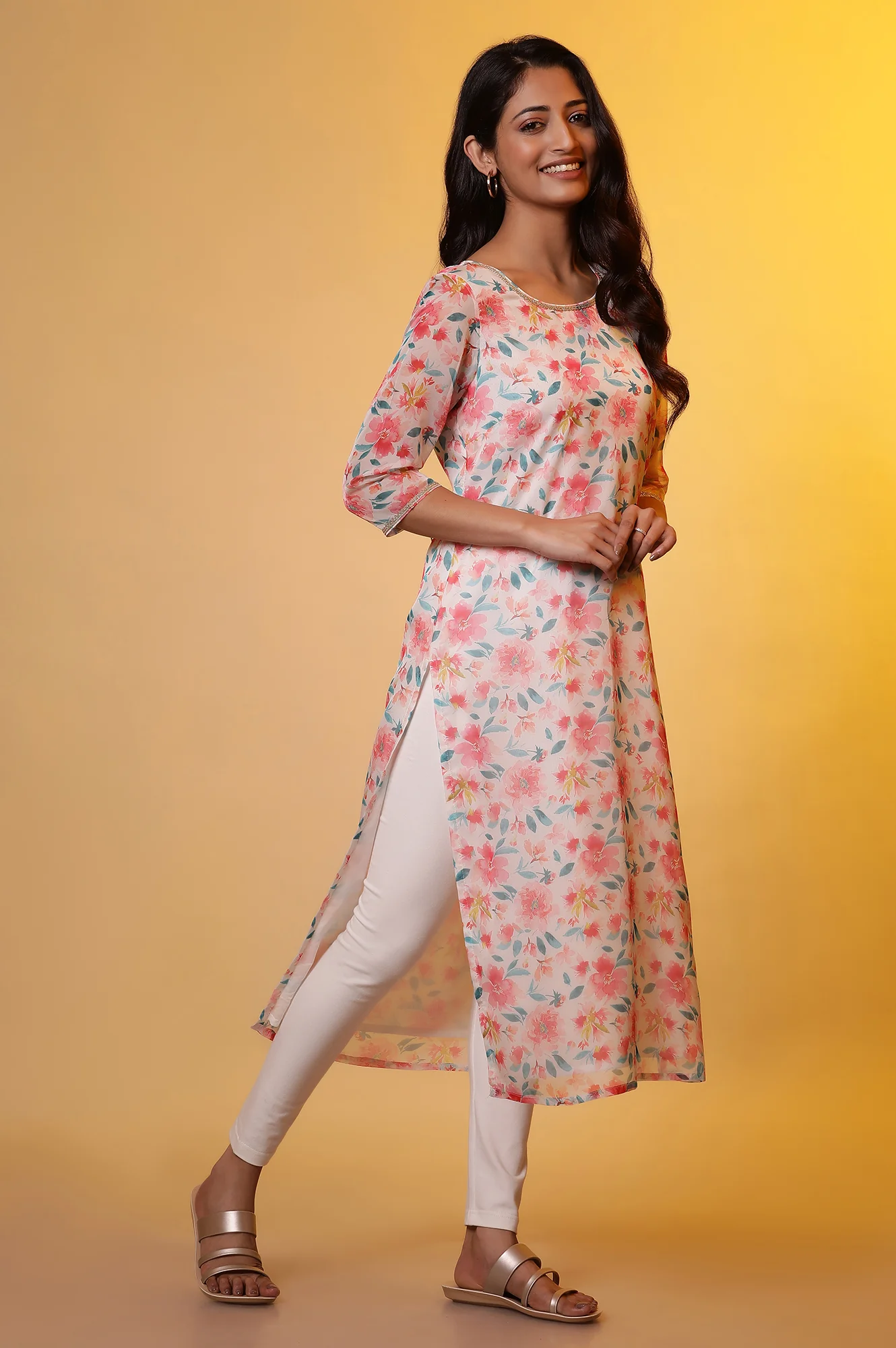White Straight Organza Kurta with Pink Floral Print - Image 5