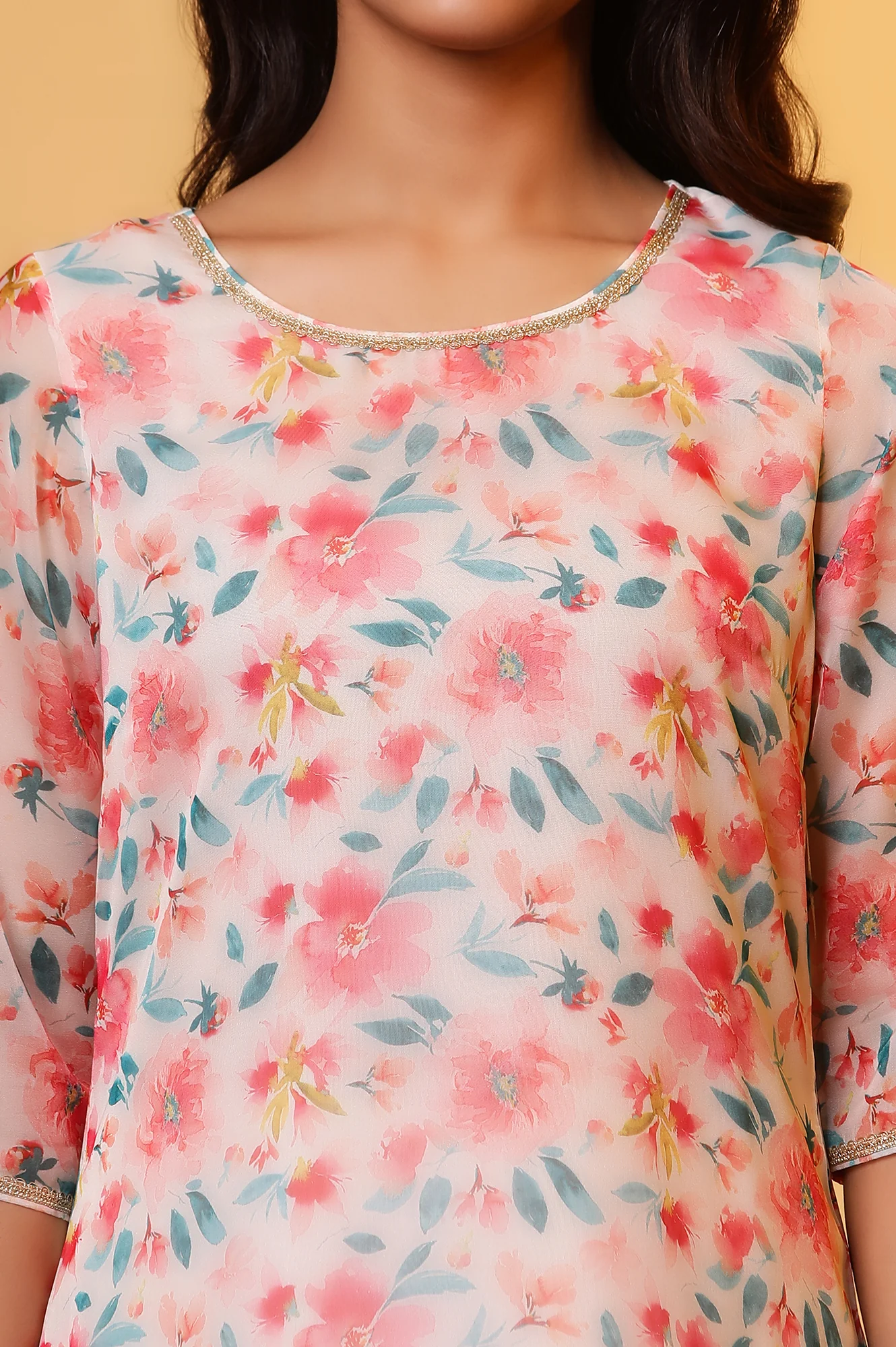 White Straight Organza Kurta with Pink Floral Print - Image 7