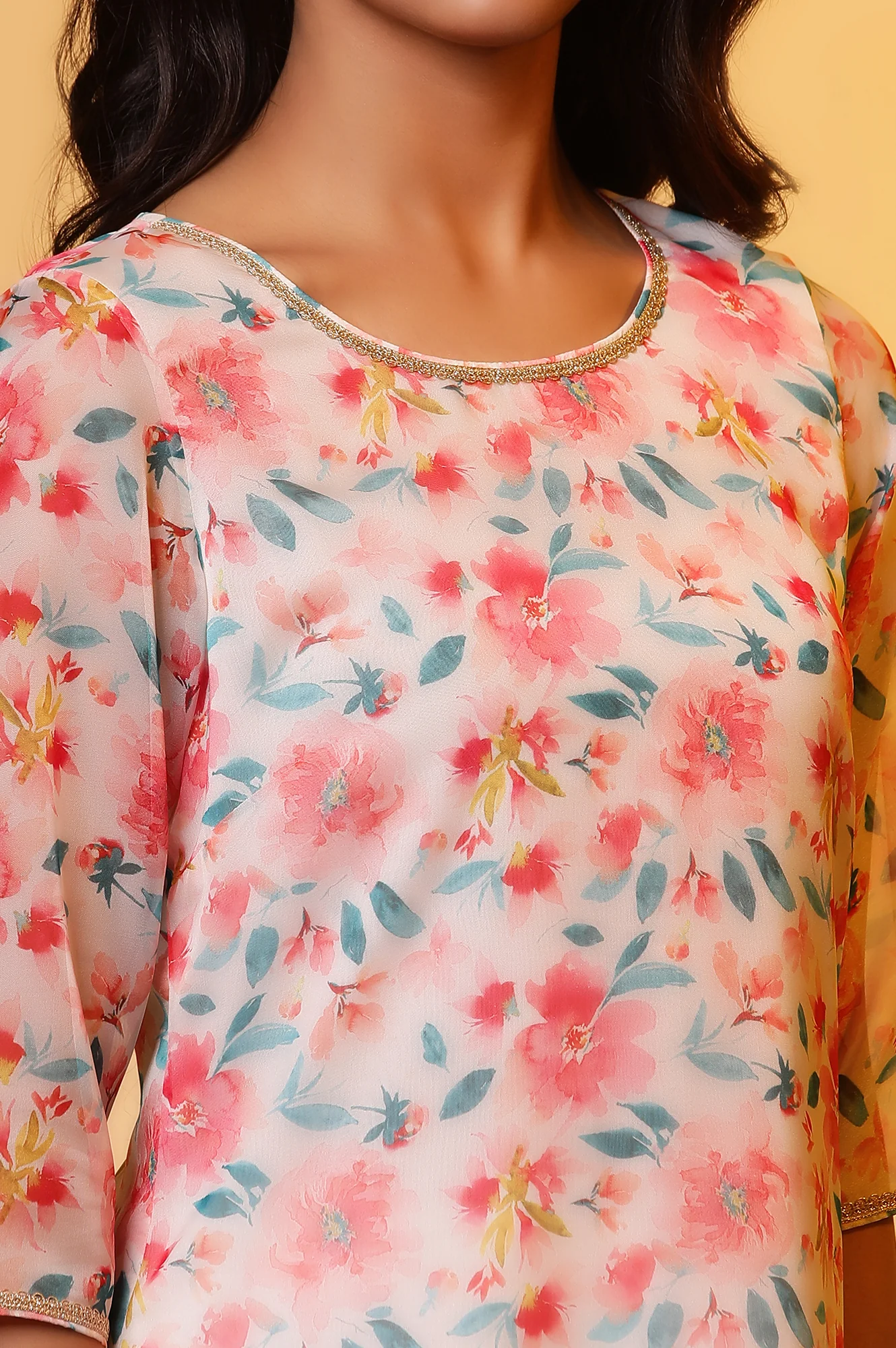 White Straight Organza Kurta with Pink Floral Print - Image 8