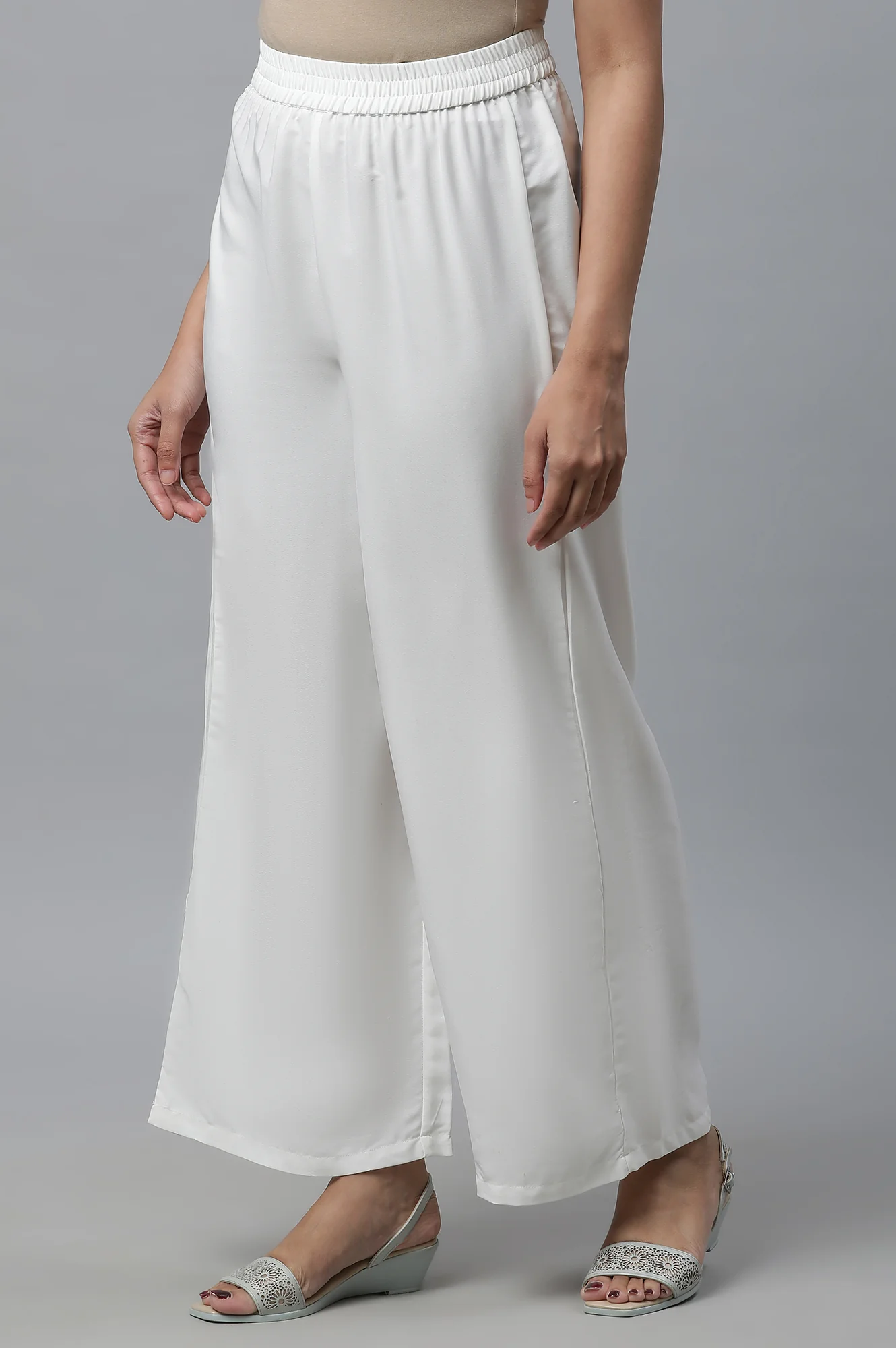 White Solid Straight Fit Woven Palazzo With Elasticated Waist - Image 3