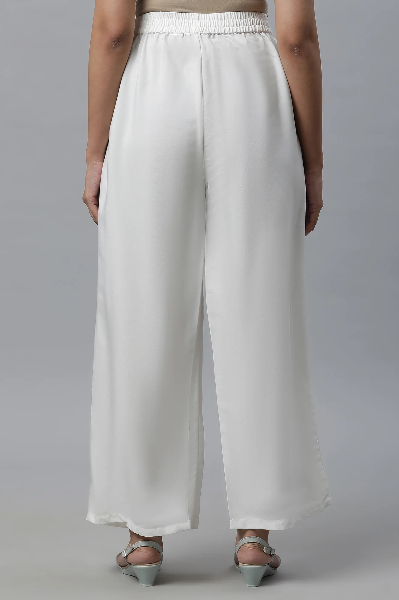 White Solid Straight Fit Woven Palazzo With Elasticated Waist - Image 4