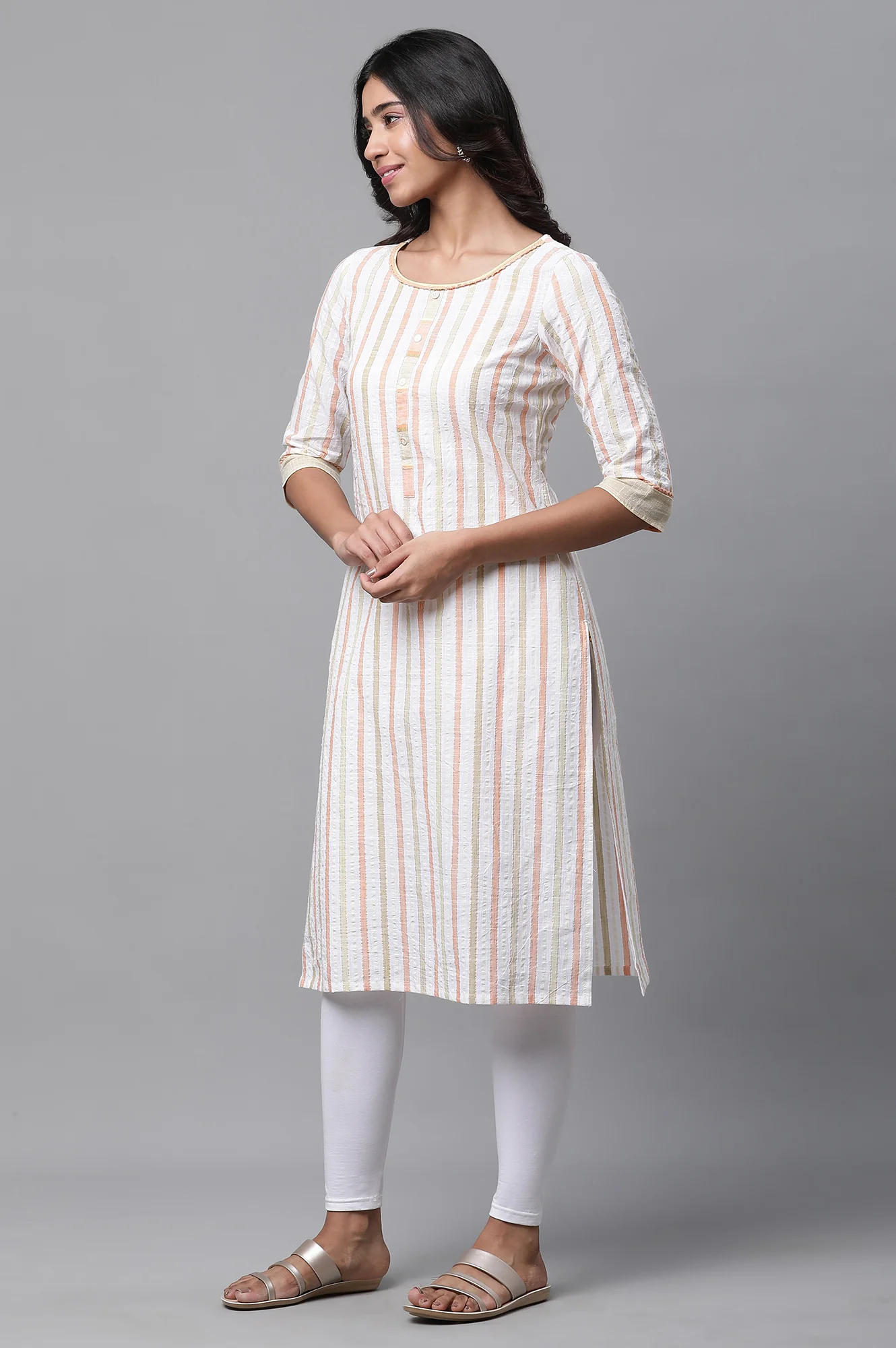 White Stripe Printed Cotton Straight Casual Kurta - Image 3