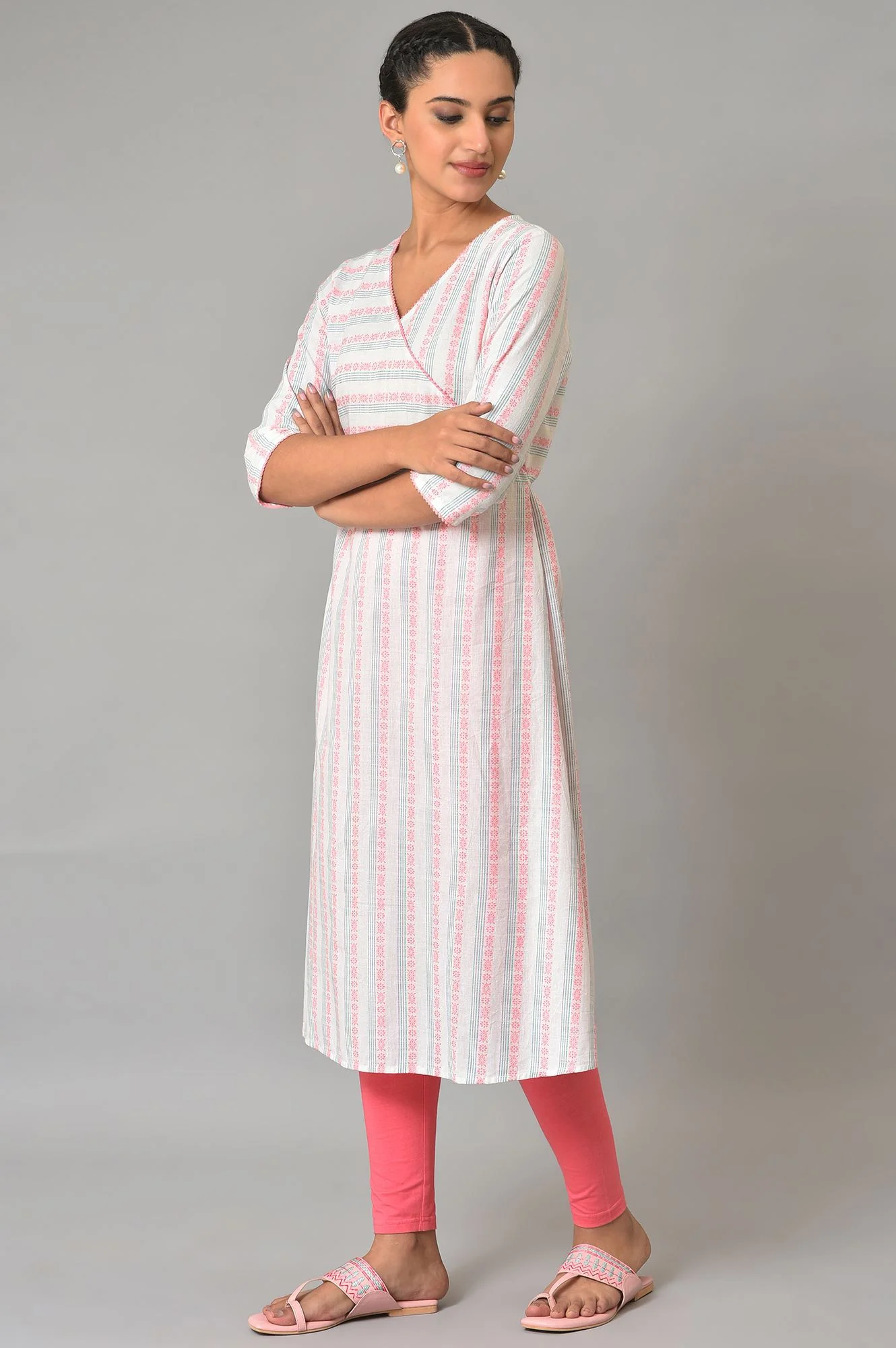 White Striped A Line Cotton Kurta - Image 3