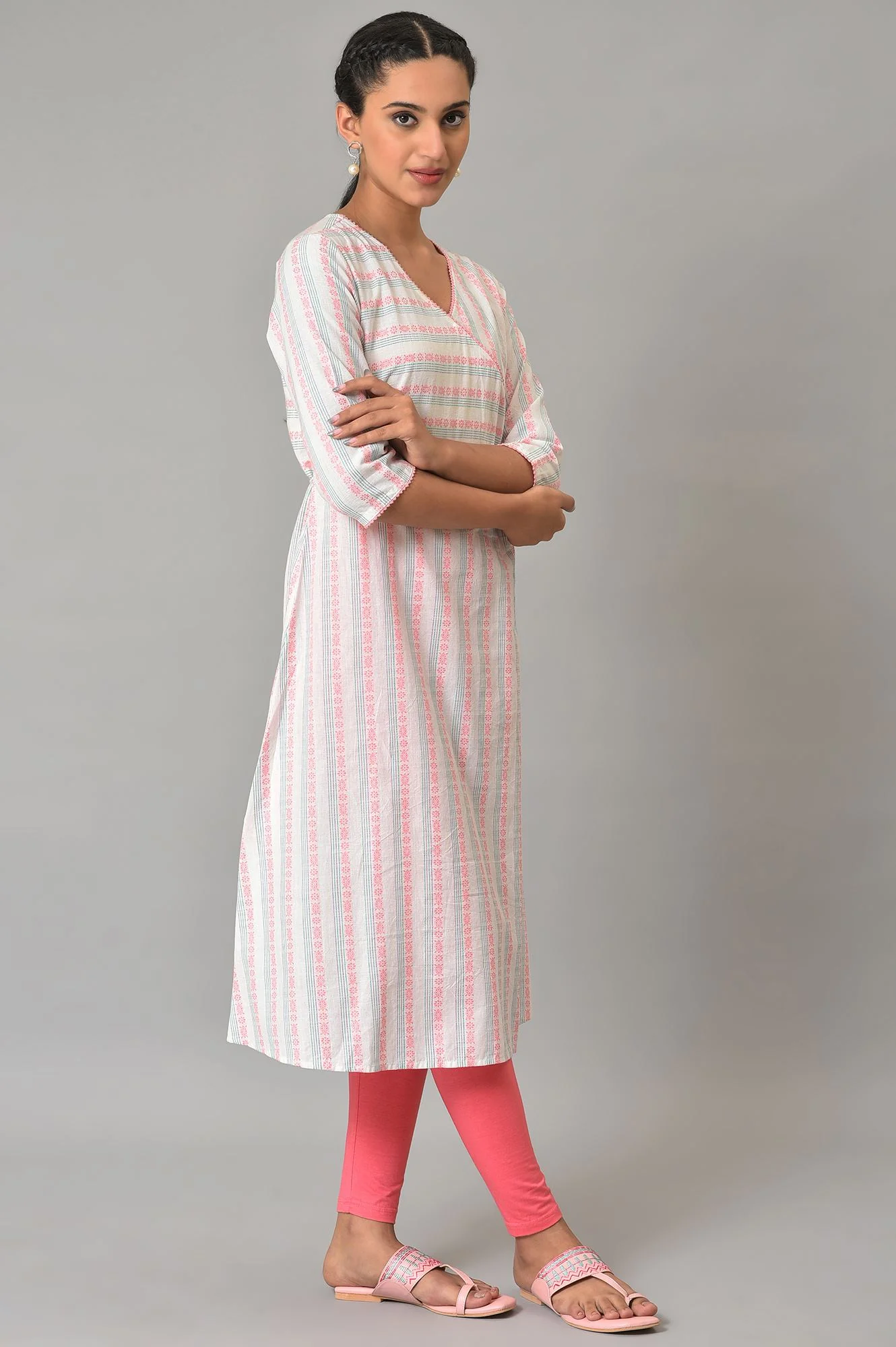 White Striped A Line Cotton Kurta - Image 4
