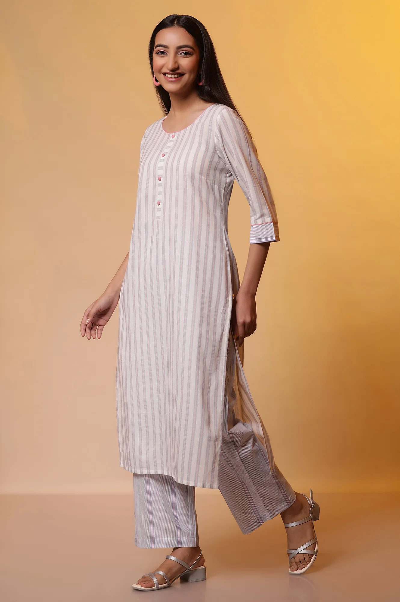 White Striped Cotton Kurta and Palazzos Set - Image 3