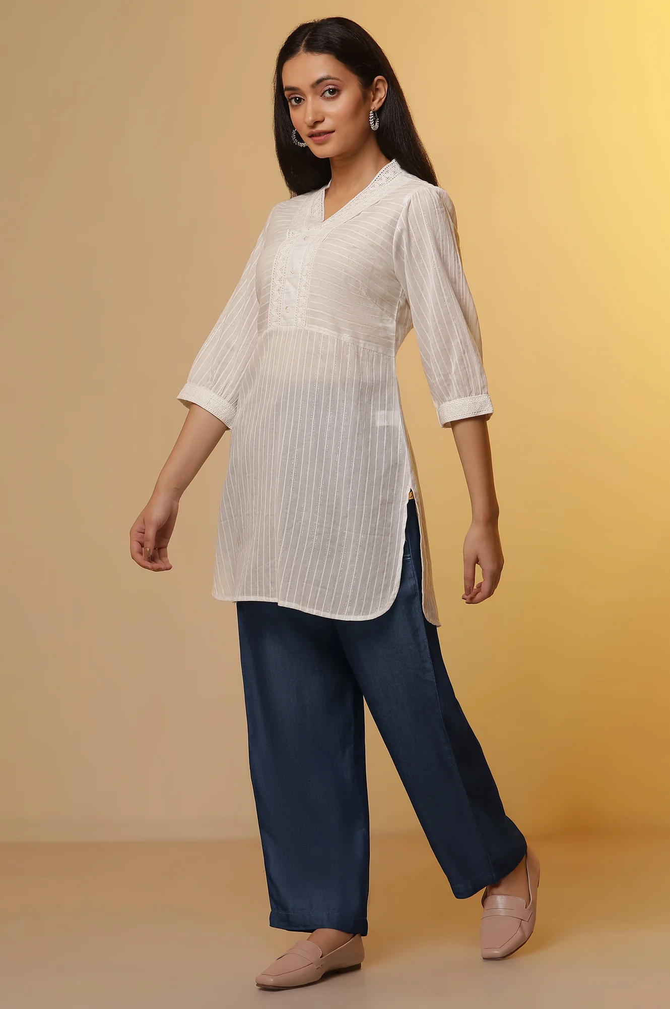 White Striped Sheer Cotton Kurti and Denim Narrow Pants Set - Image 3