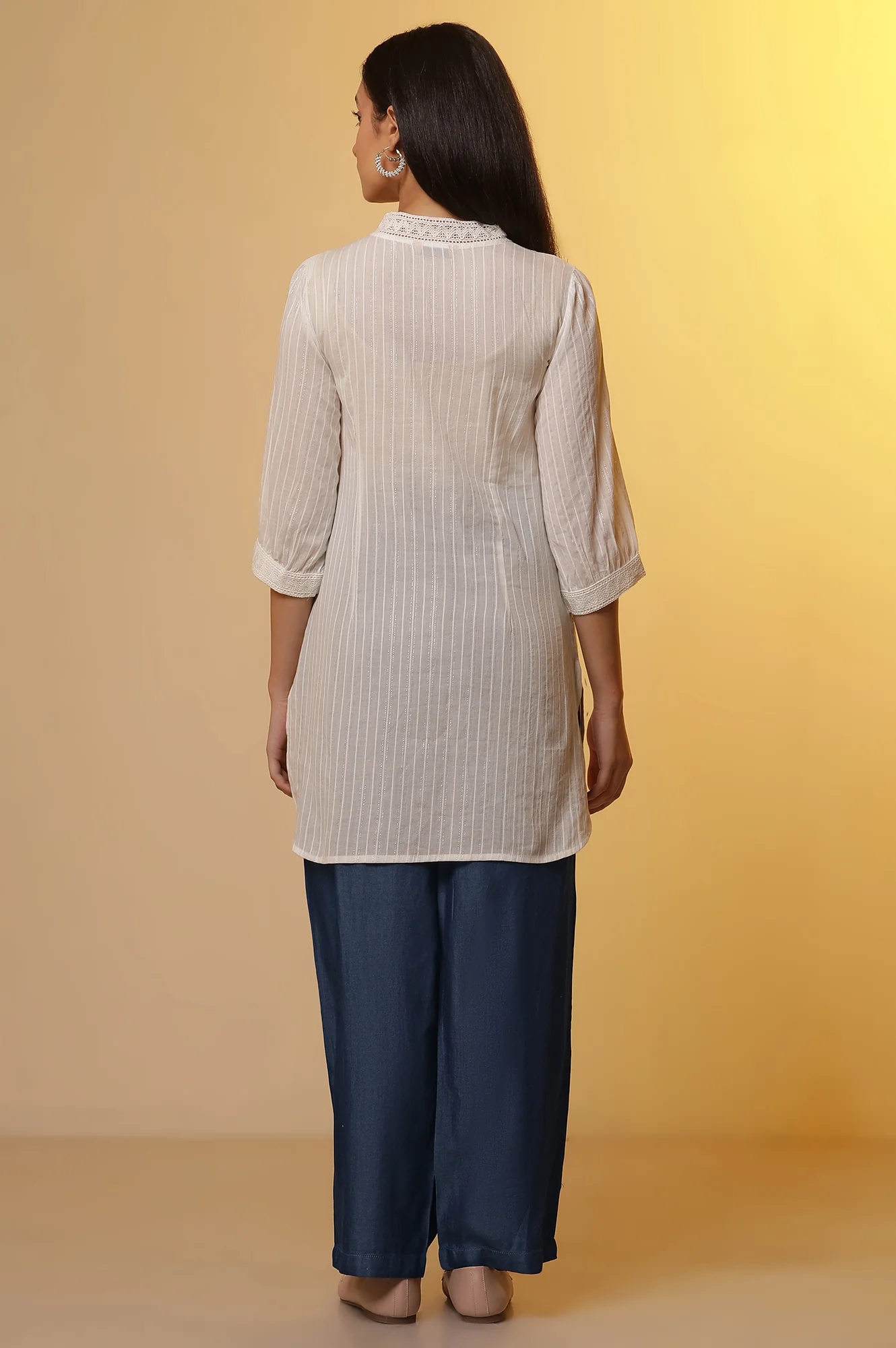 White Striped Sheer Cotton Kurti and Denim Narrow Pants Set - Image 4