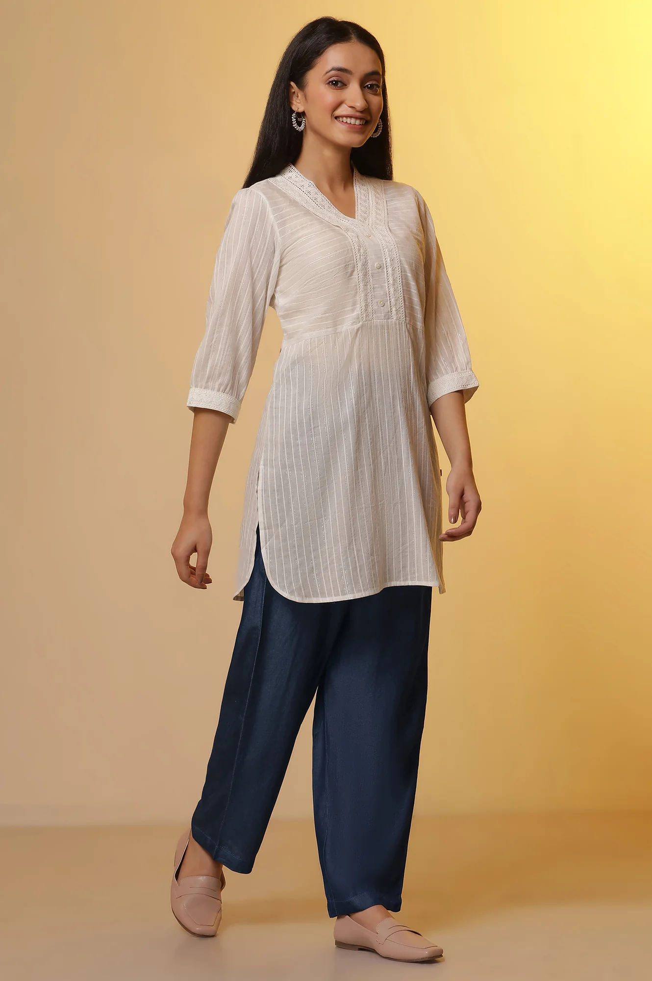 White Striped Sheer Cotton Kurti and Denim Narrow Pants Set - Image 5