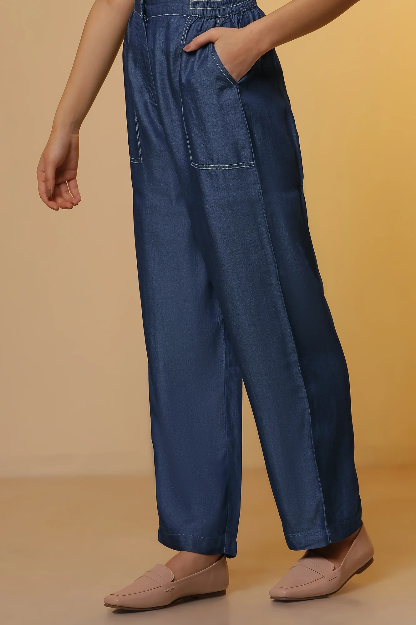 White Striped Sheer Cotton Kurti and Denim Narrow Pants Set - Image 9