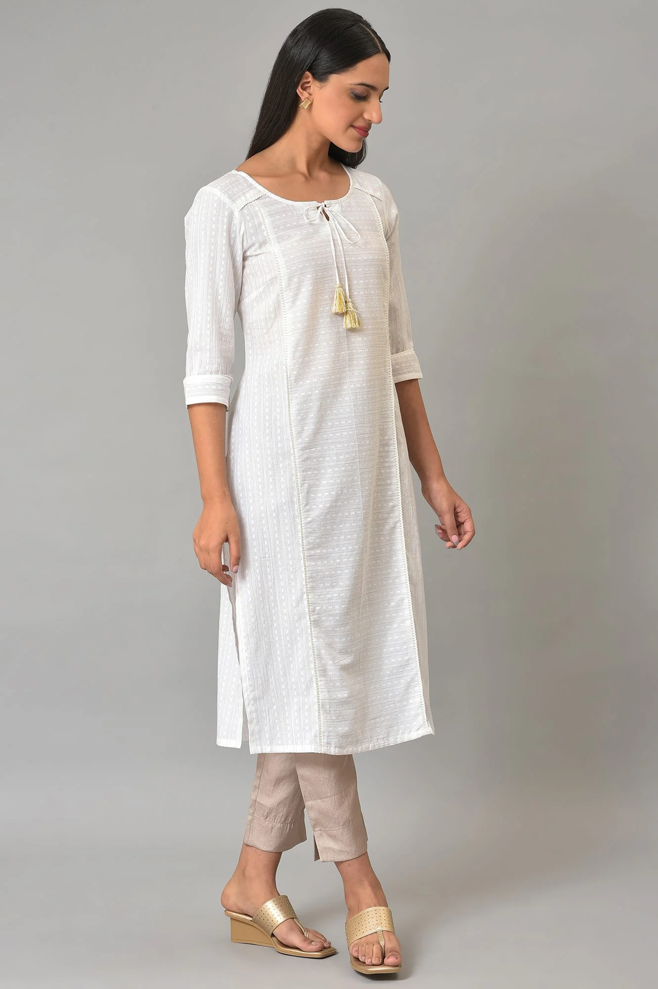 White Textured Rayon Straight Kurta and Palazzo Set - Image 4