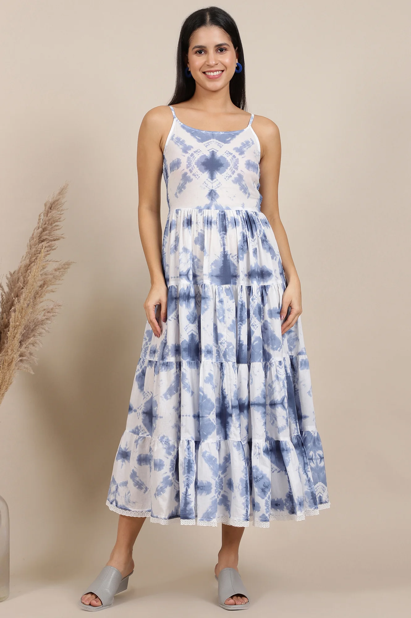 White Tie and Dye Shibori Shoulder Strap Tiered Western Dress - Image 2