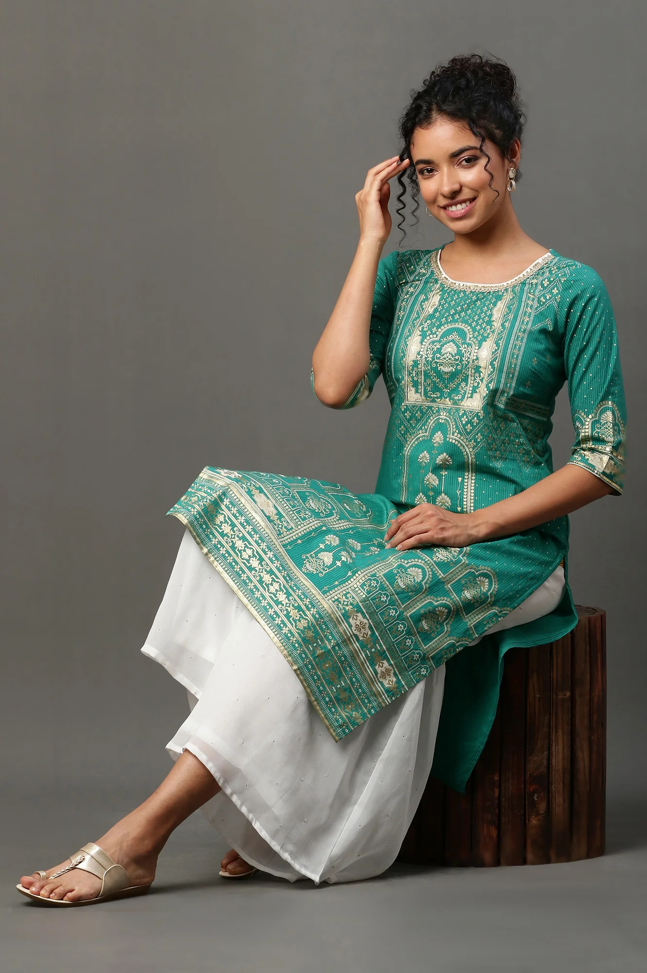 White Polka Dots Printed Flared Georgette Sharara With Elasticated Waist - Image 5