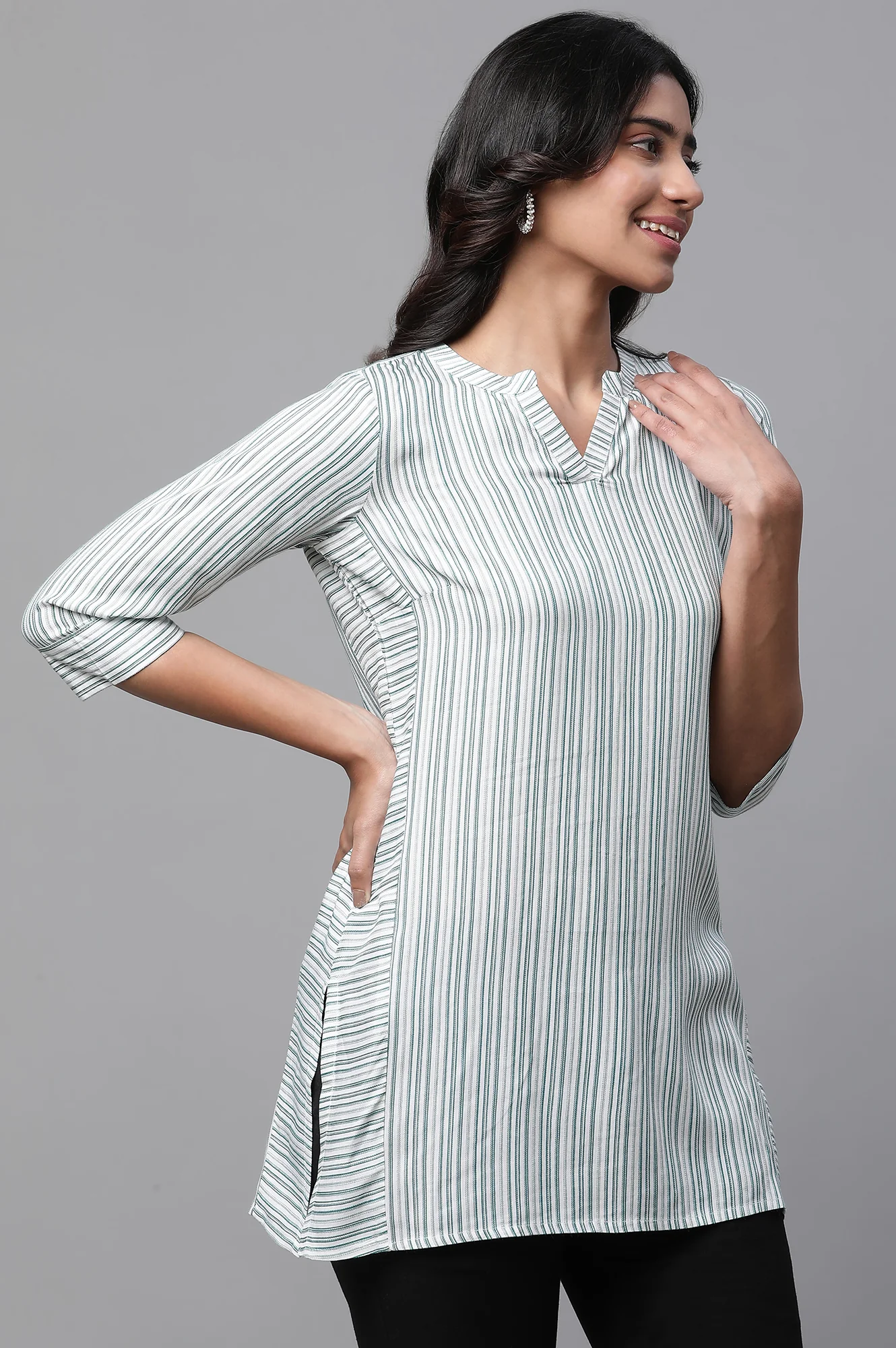 White V-Neck Short Rayon Kurti with Blue Stripes - Image 4