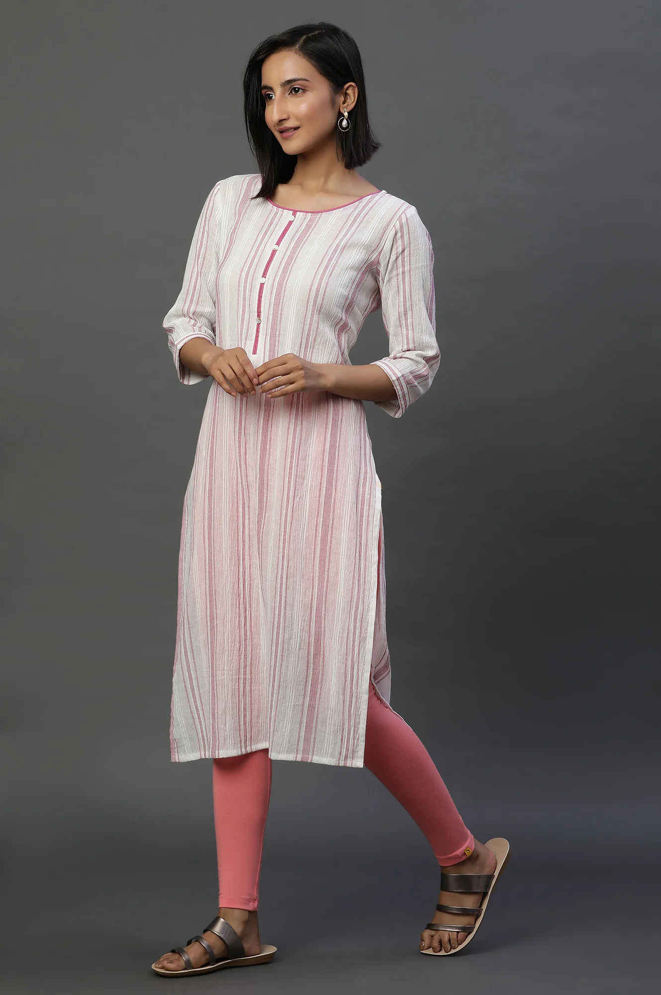White Yard Dyed Casual Kurta with Stripes - Image 3
