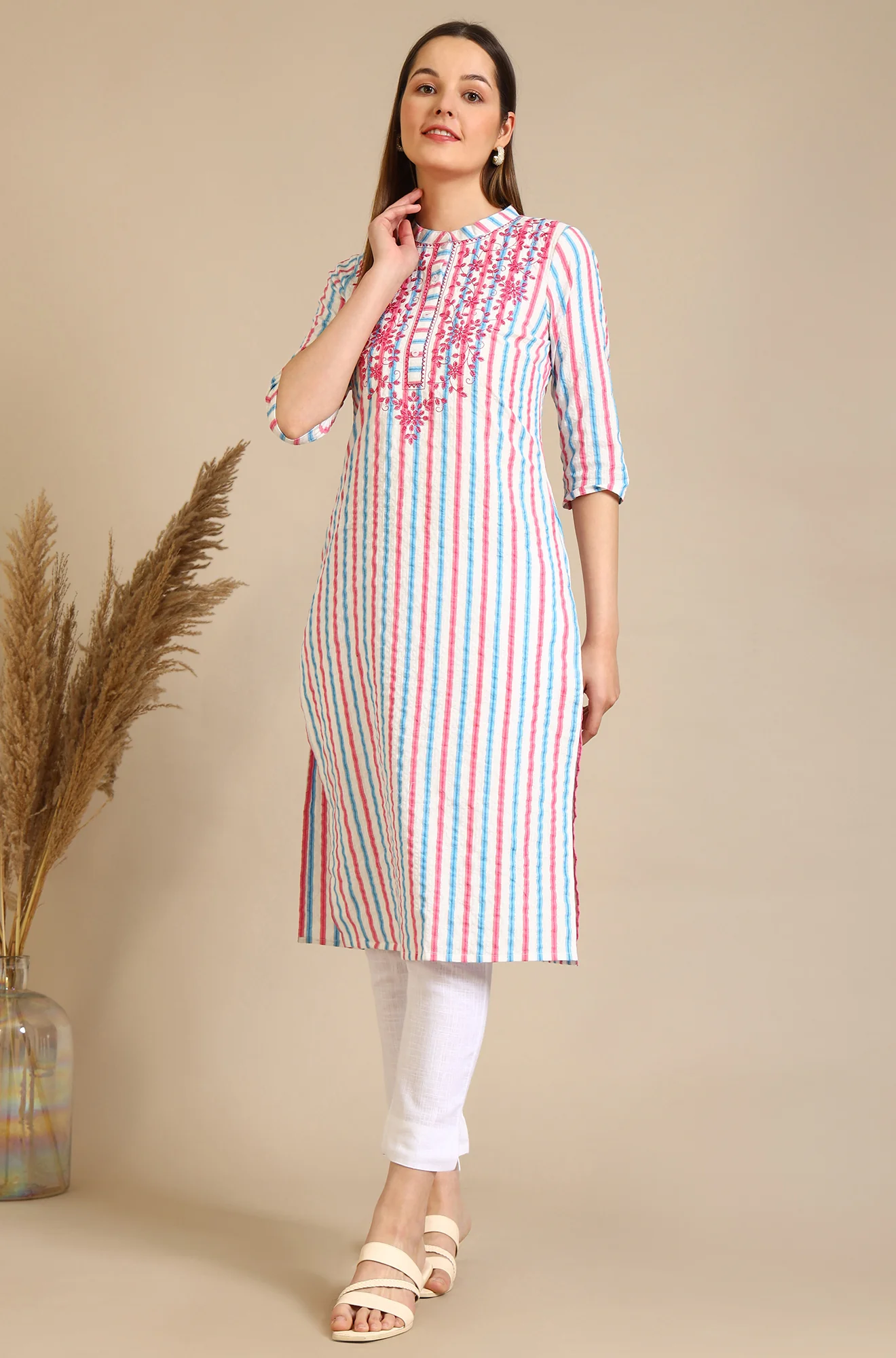 White Yarn Dyed Embroidered Yoke Straight Kurta with Multi-coloured Stripes - Image 3