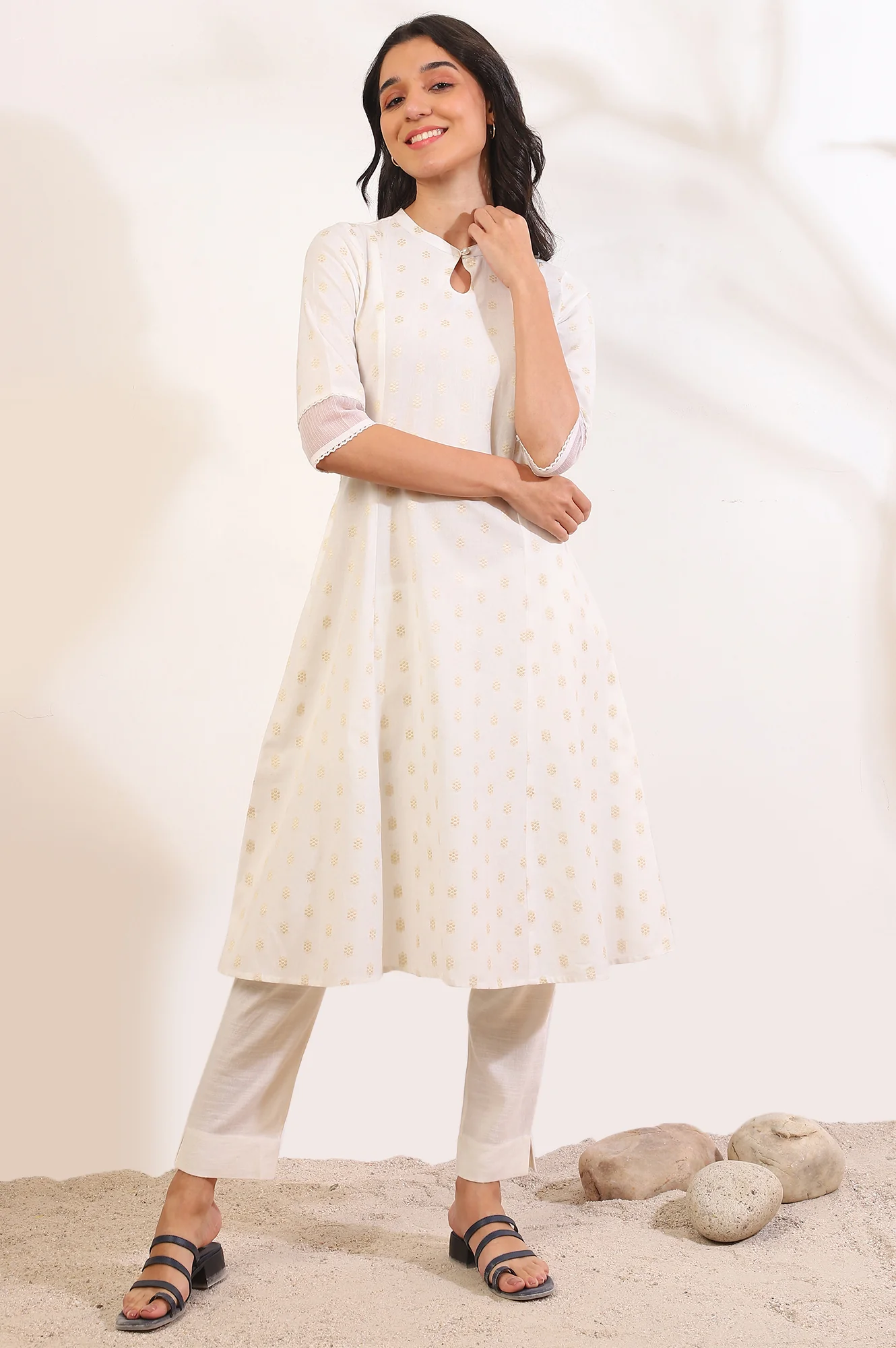 White Yarn Dyed Flared Cotton Blend Kurta - Image 2